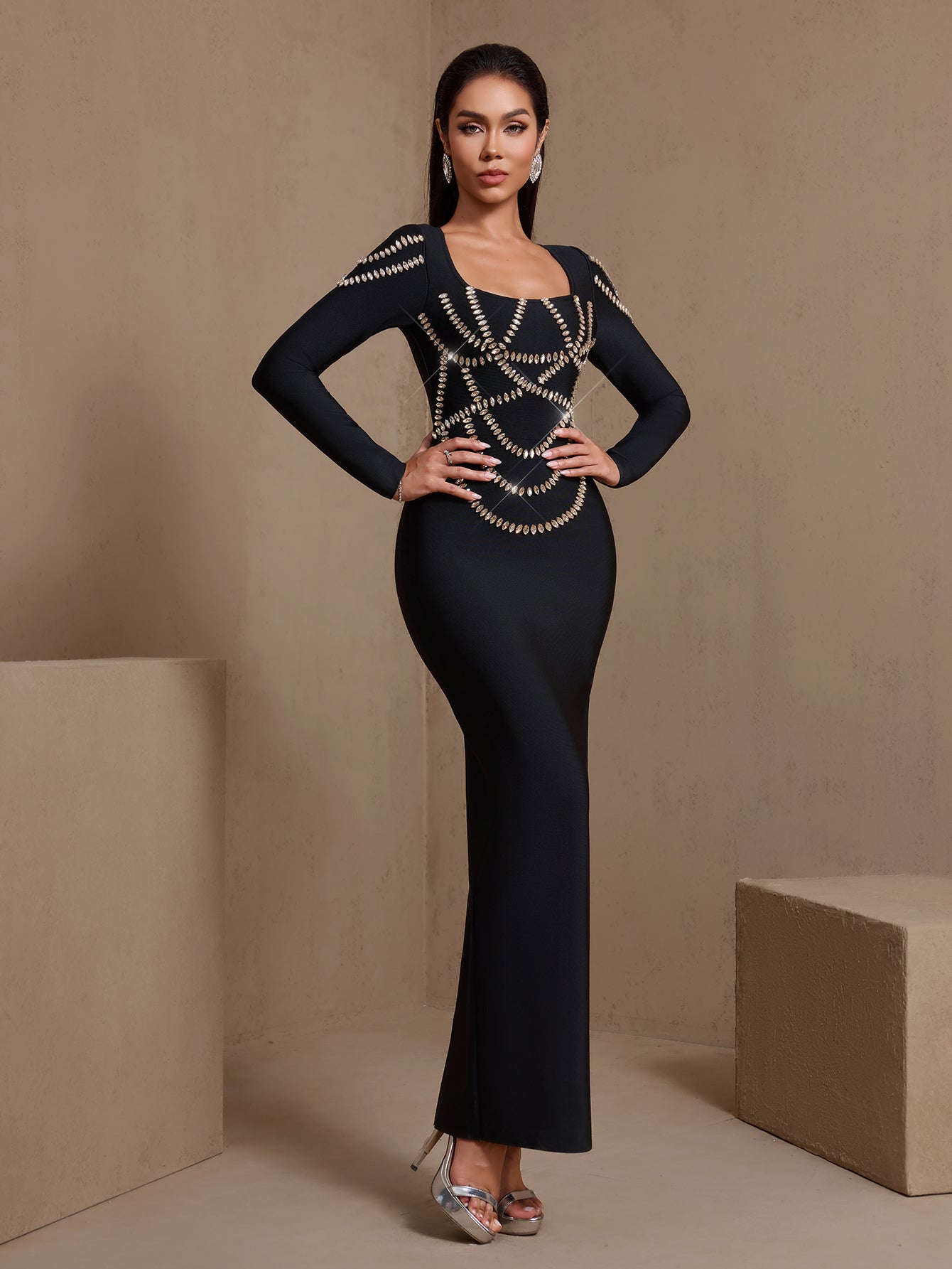 Black rhinestone chain square-neck bandage maxi dress, full-length front view