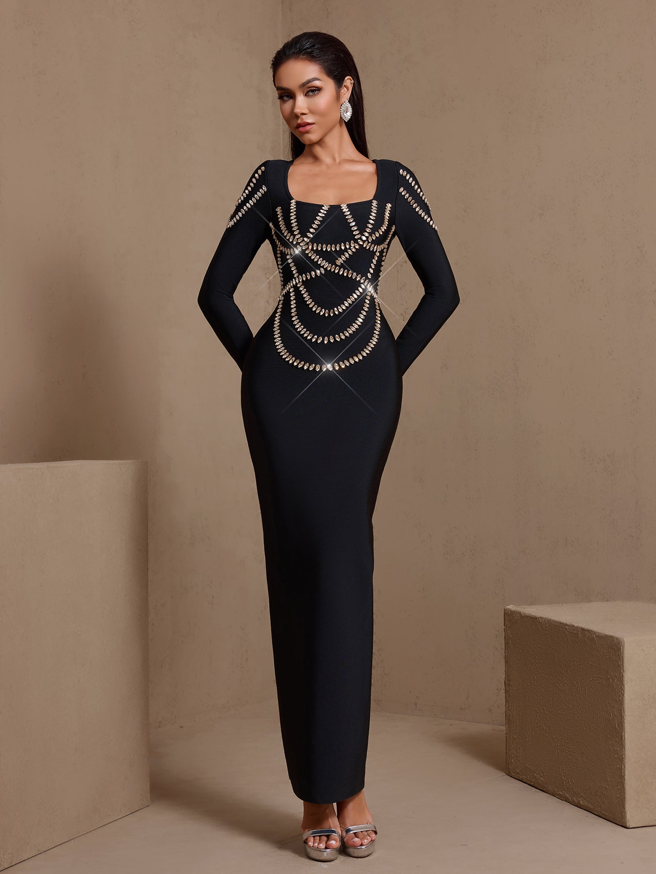 Black rhinestone chain square-neck bandage maxi dress, front pose