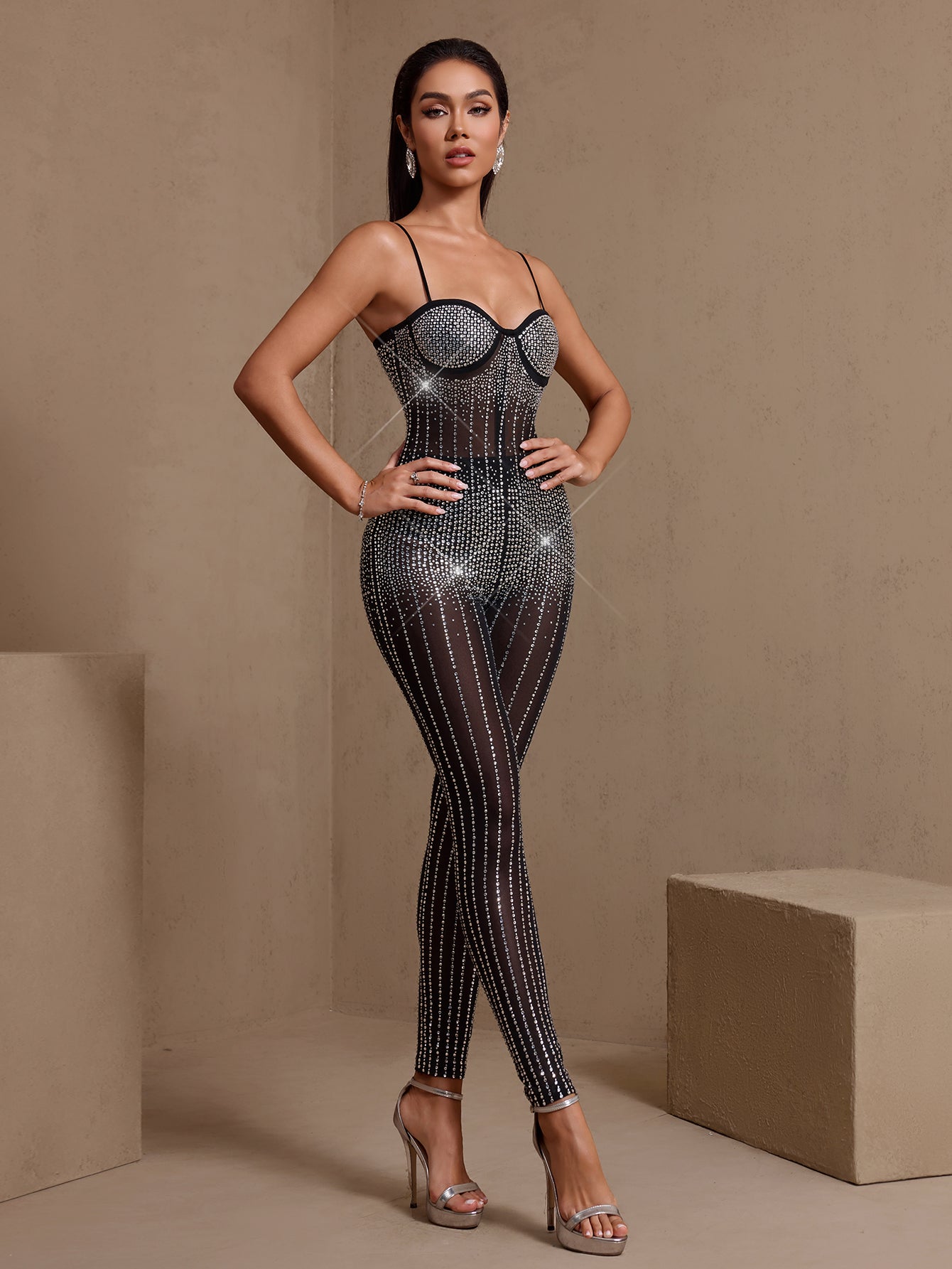 Black rhinestone corset sheer jumpsuit, full-length front view