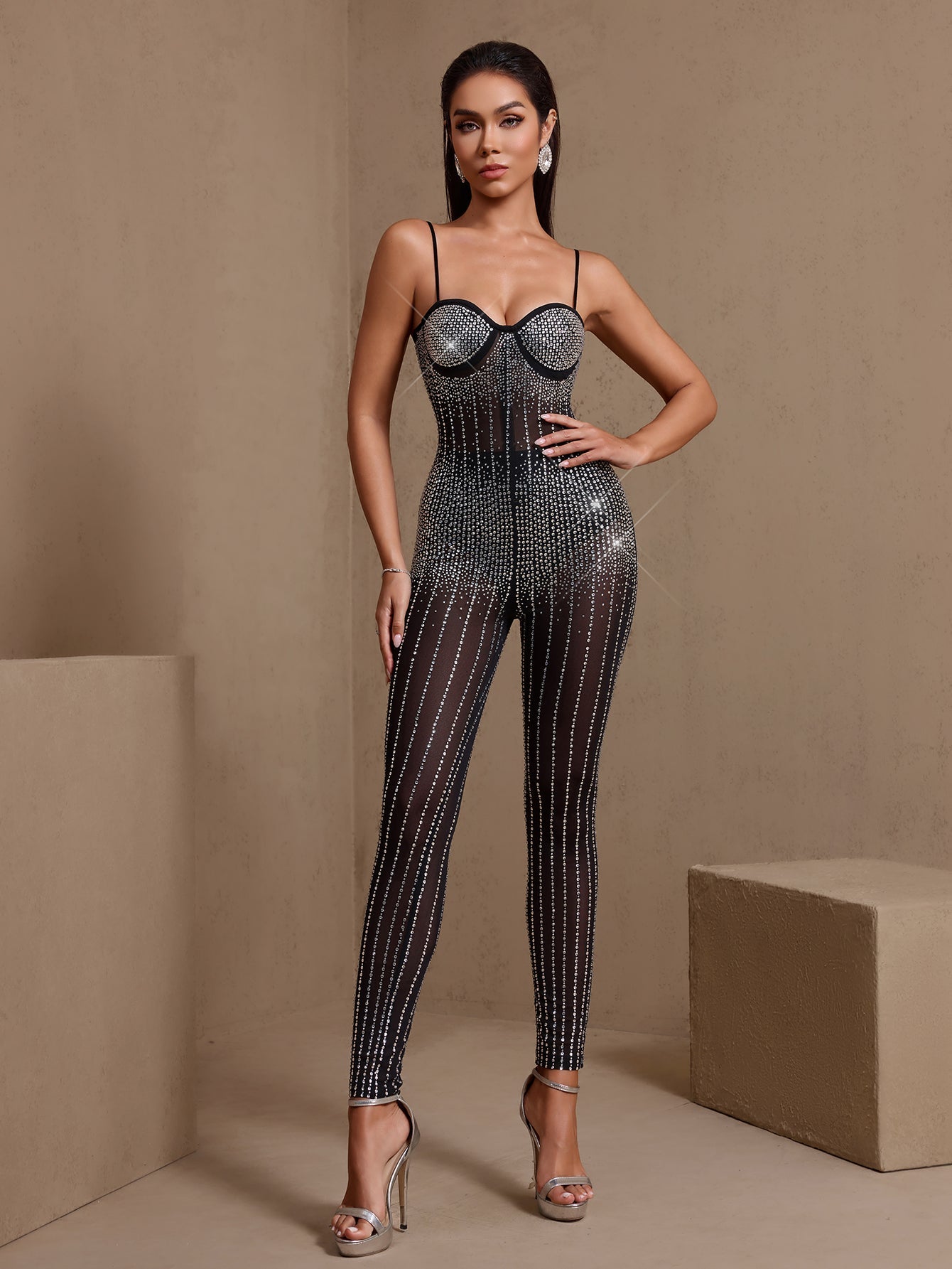 Black rhinestone corset sheer jumpsuit, fitted leg line detail