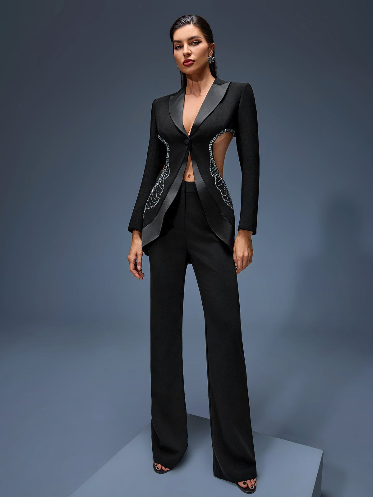 Rhinestone Cutout Jacket Two-Piece Set, back detail view