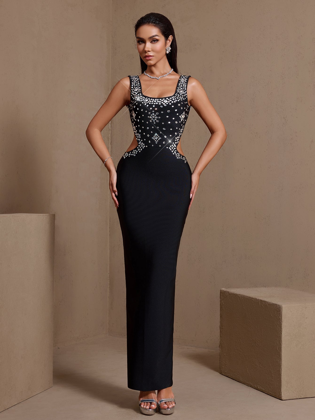 Black rhinestone cutout U-neck bandage maxi dress, rear view