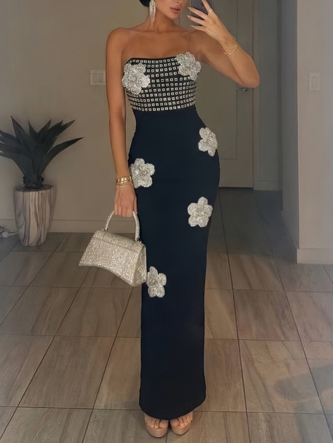 Black rhinestone floral strapless bandage maxi dress, full-length front view