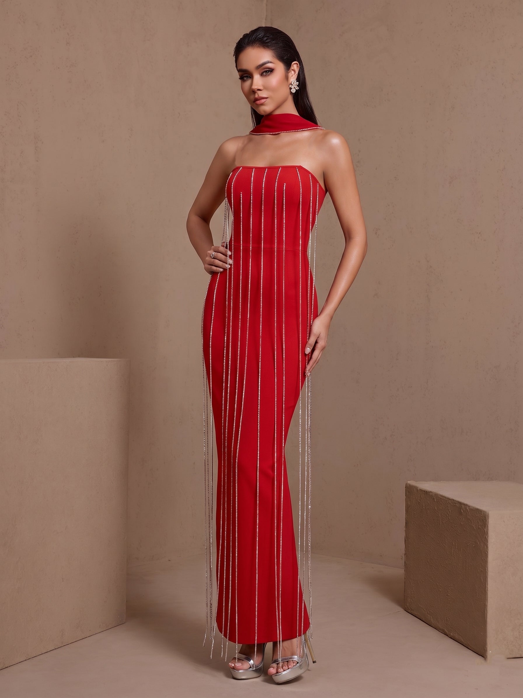 Red rhinestone fringe halter bandage maxi dress, front view