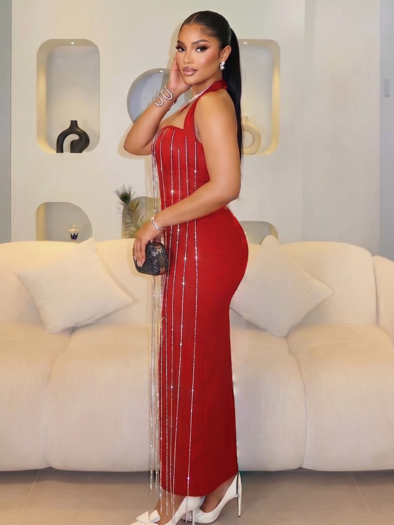 Red rhinestone fringe halter bandage maxi dress, side view
