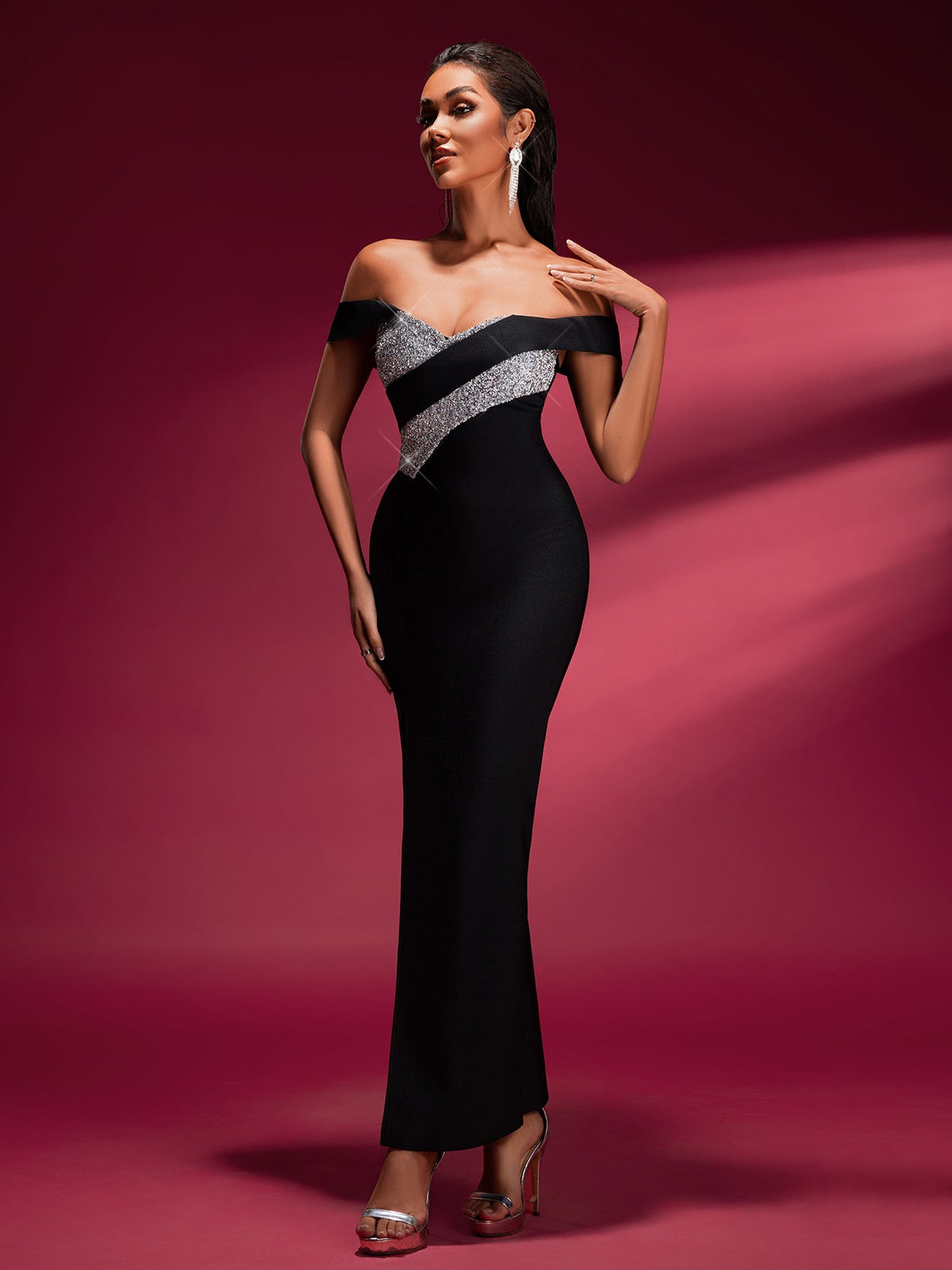 Rhinestone High-Slit Bandage Maxi Dress, side view