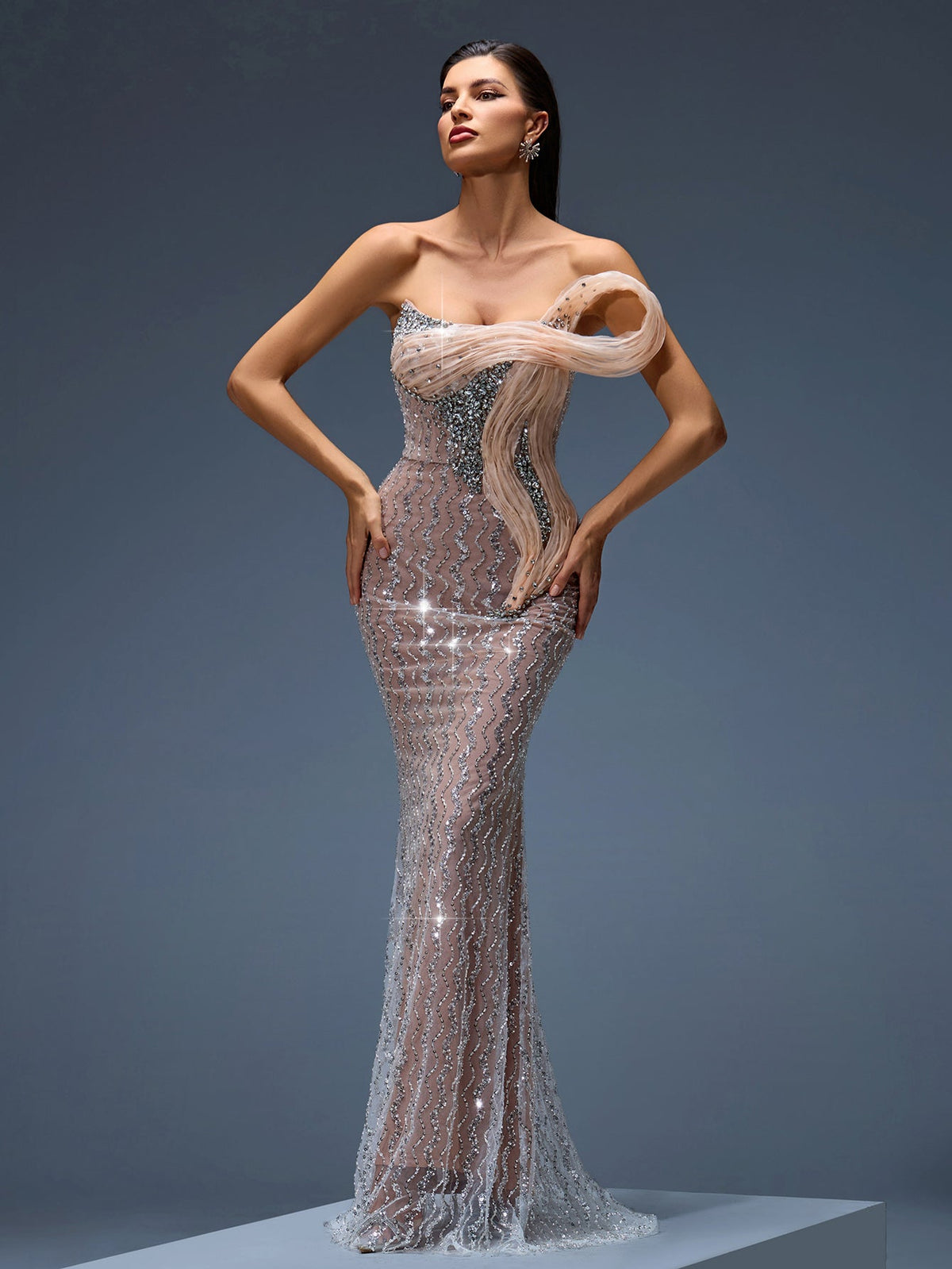 Rhinestone Ripple Ruffled Maxi Gown, front view