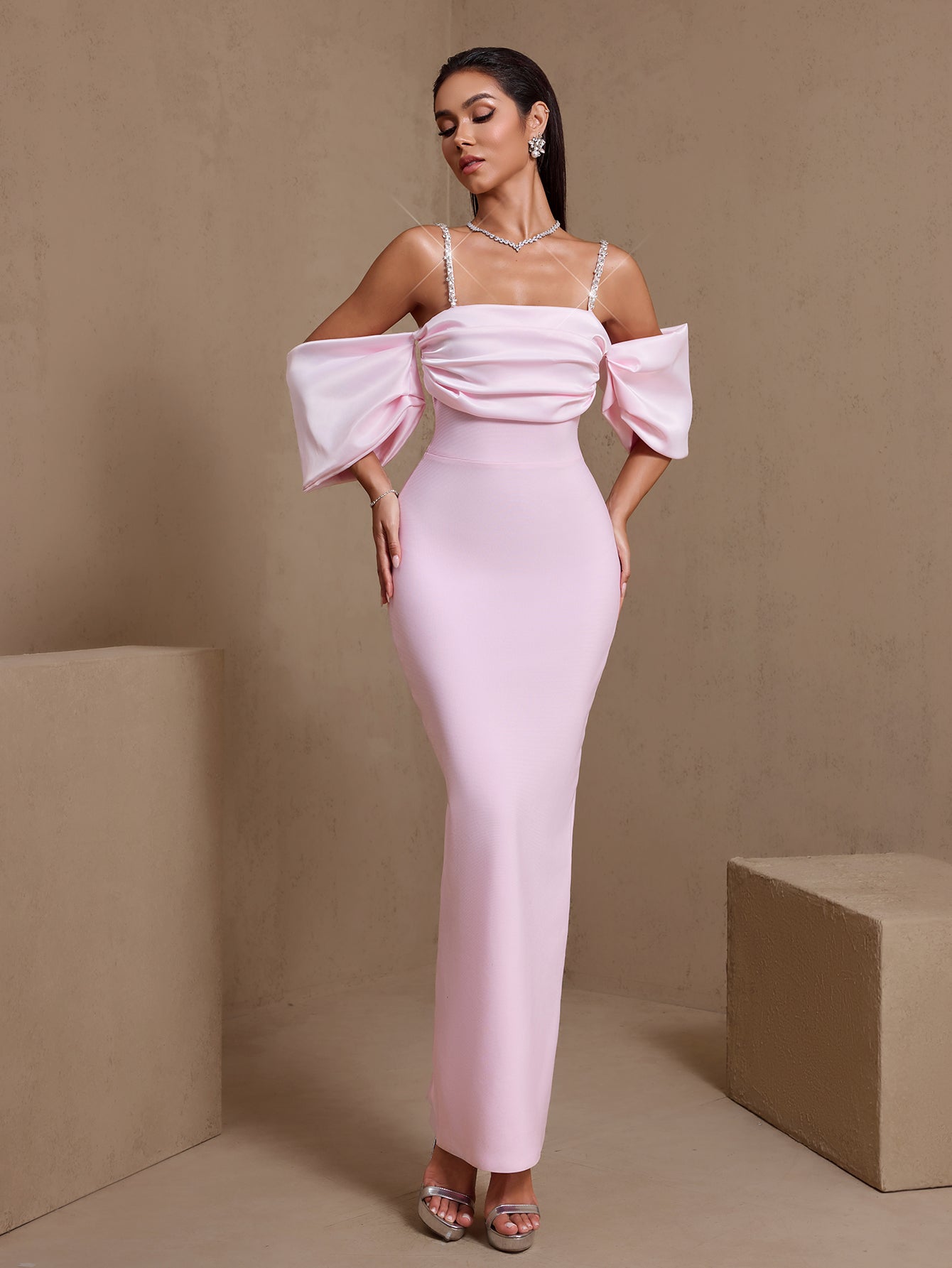 Pink rhinestone strap pleated bandage maxi dress, front view