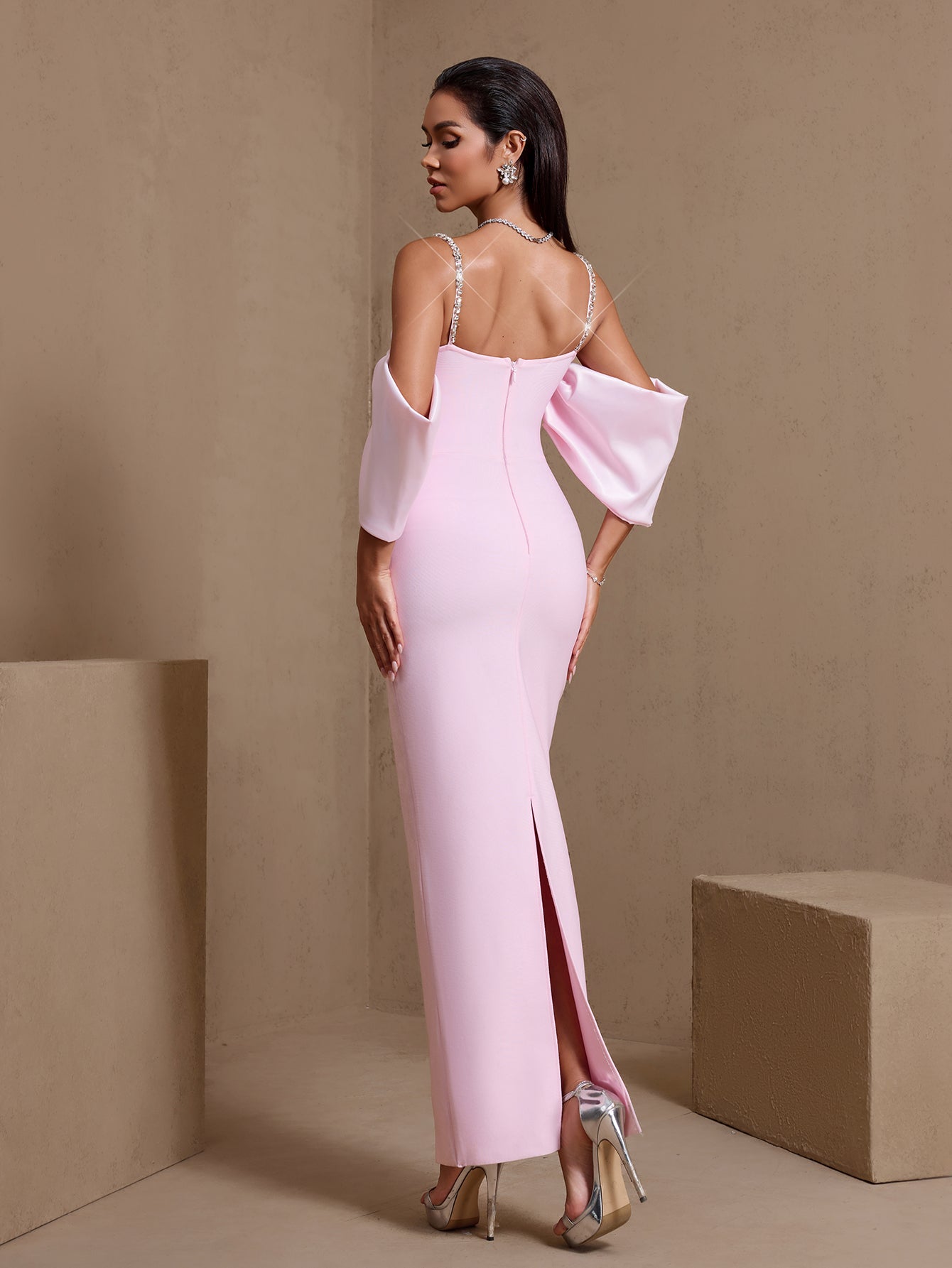 Pink rhinestone strap pleated bandage maxi dress, rear view