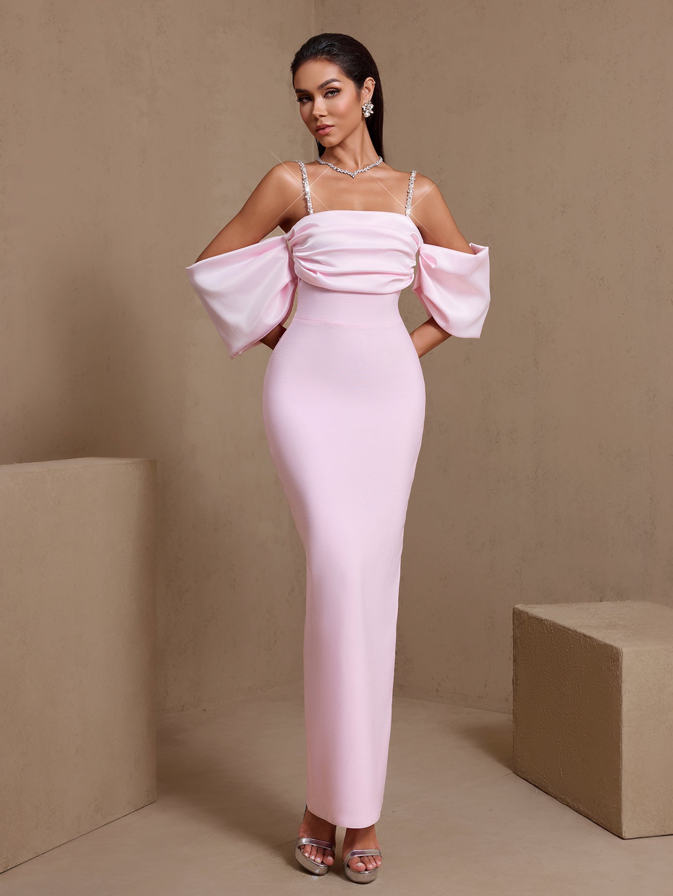 Pink rhinestone strap pleated bandage maxi dress, angled front view
