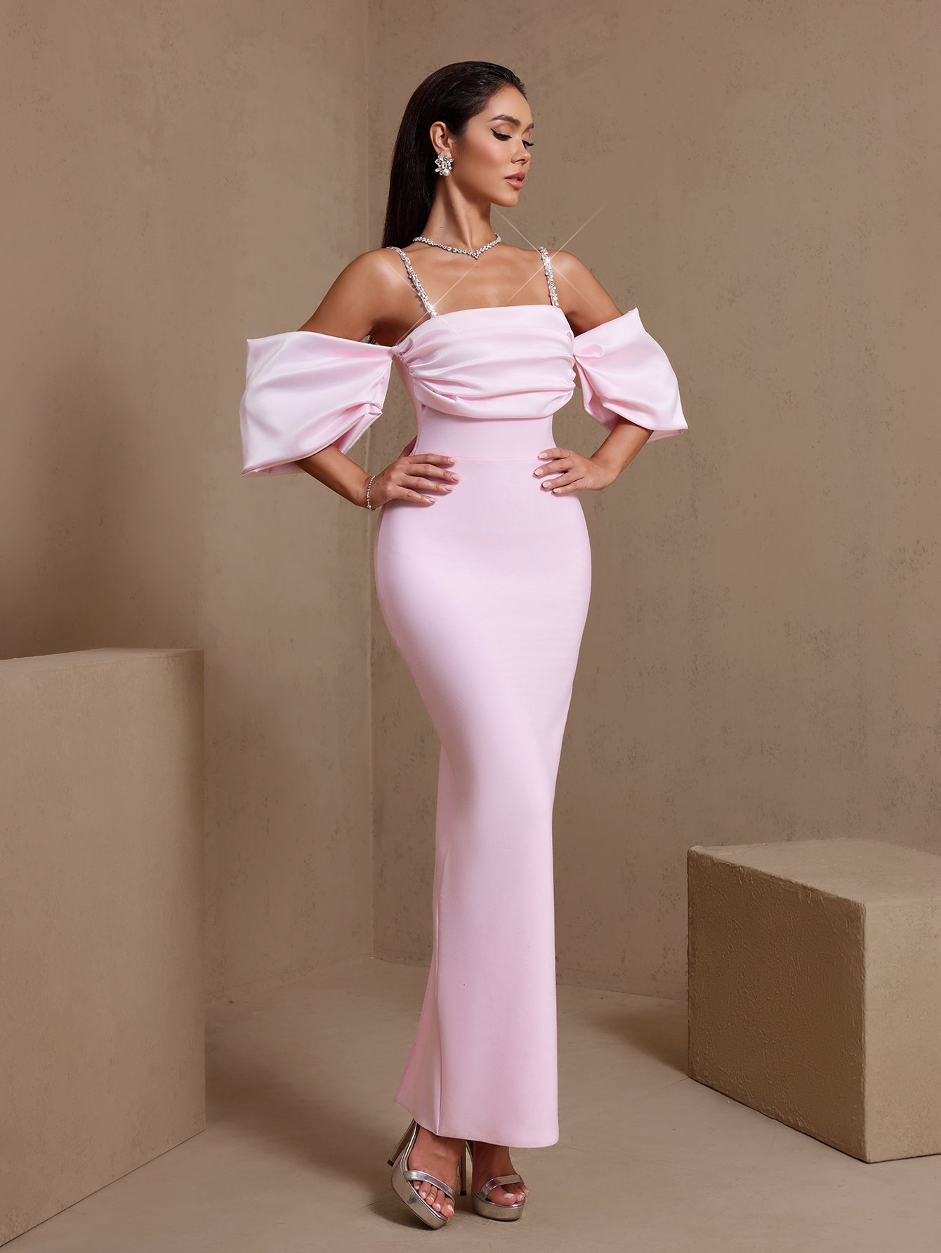 Pink rhinestone strap pleated bandage maxi dress, side view