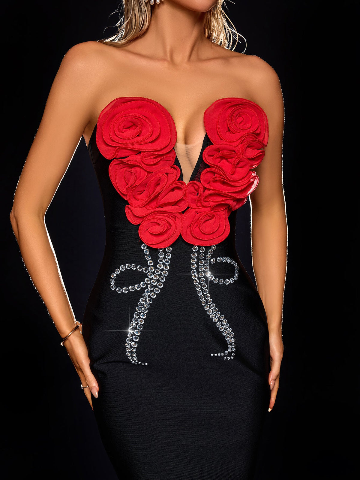 Black rose appliqué crystal bow maxi dress, close view of the neckline