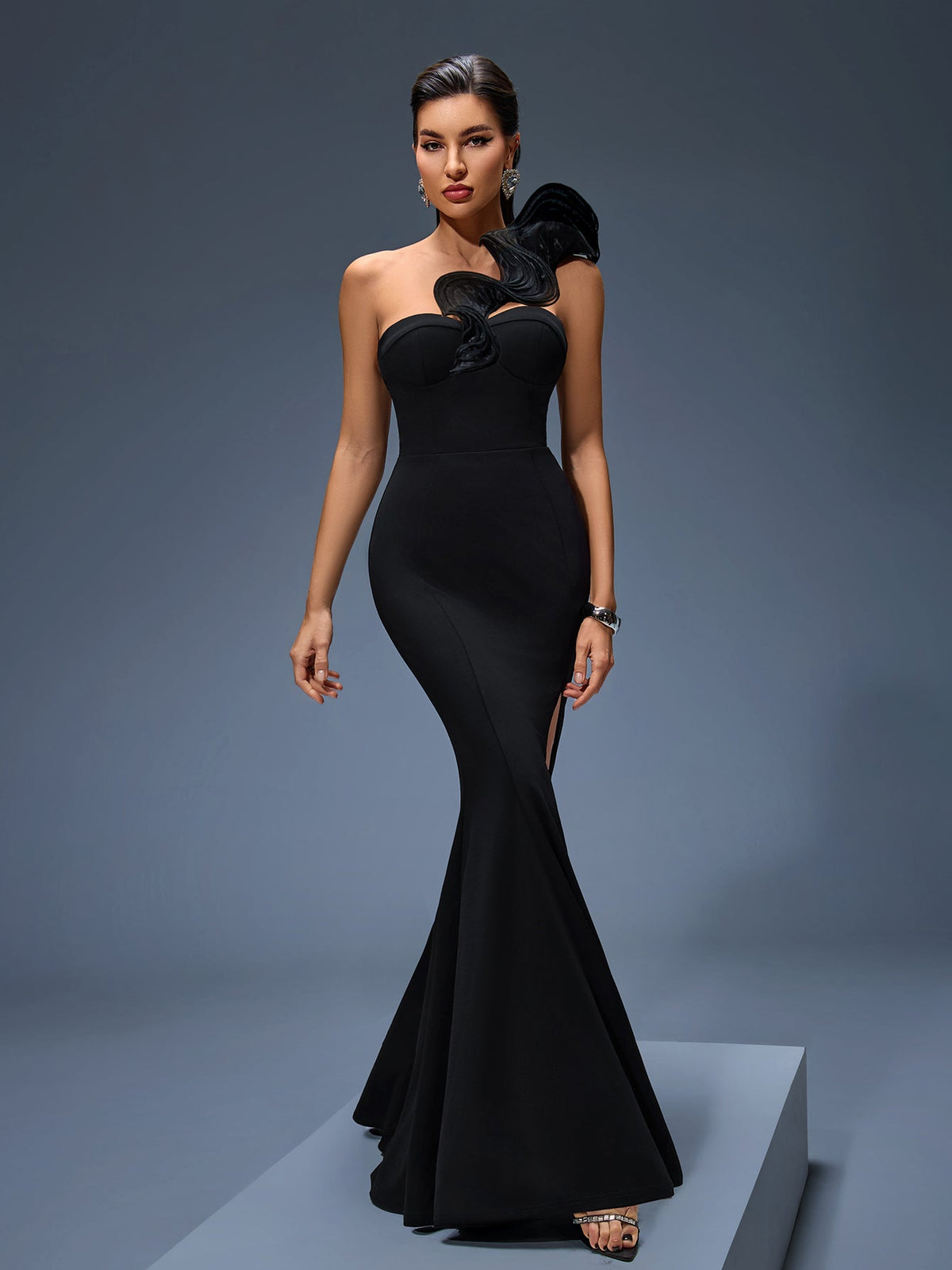 Ruffled Shoulder High-Slit Maxi Dress, front view