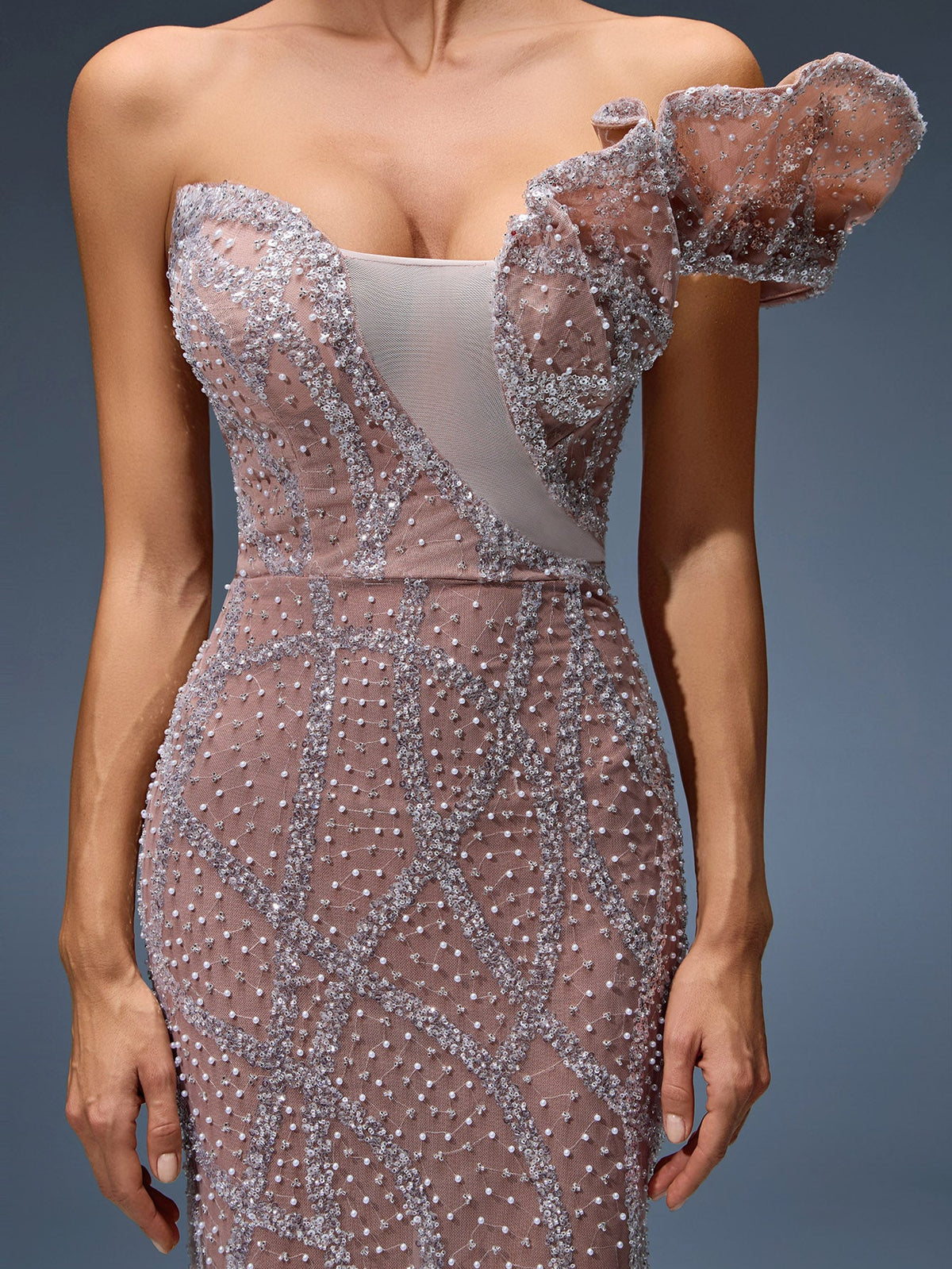 Sequin Detail Beaded Mesh Evening Gown, back view