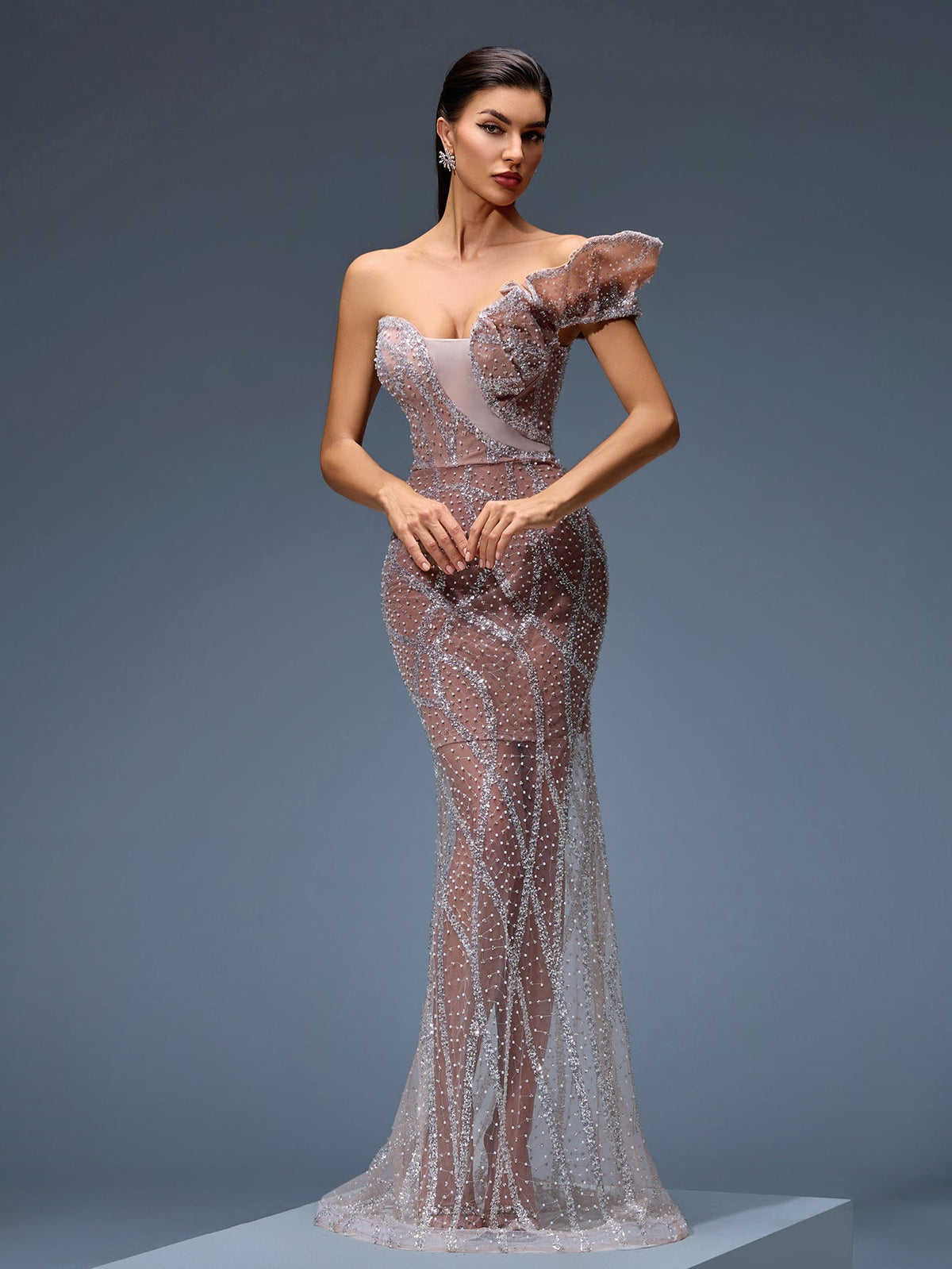Sequin Detail Beaded Mesh Evening Gown, front full-length view