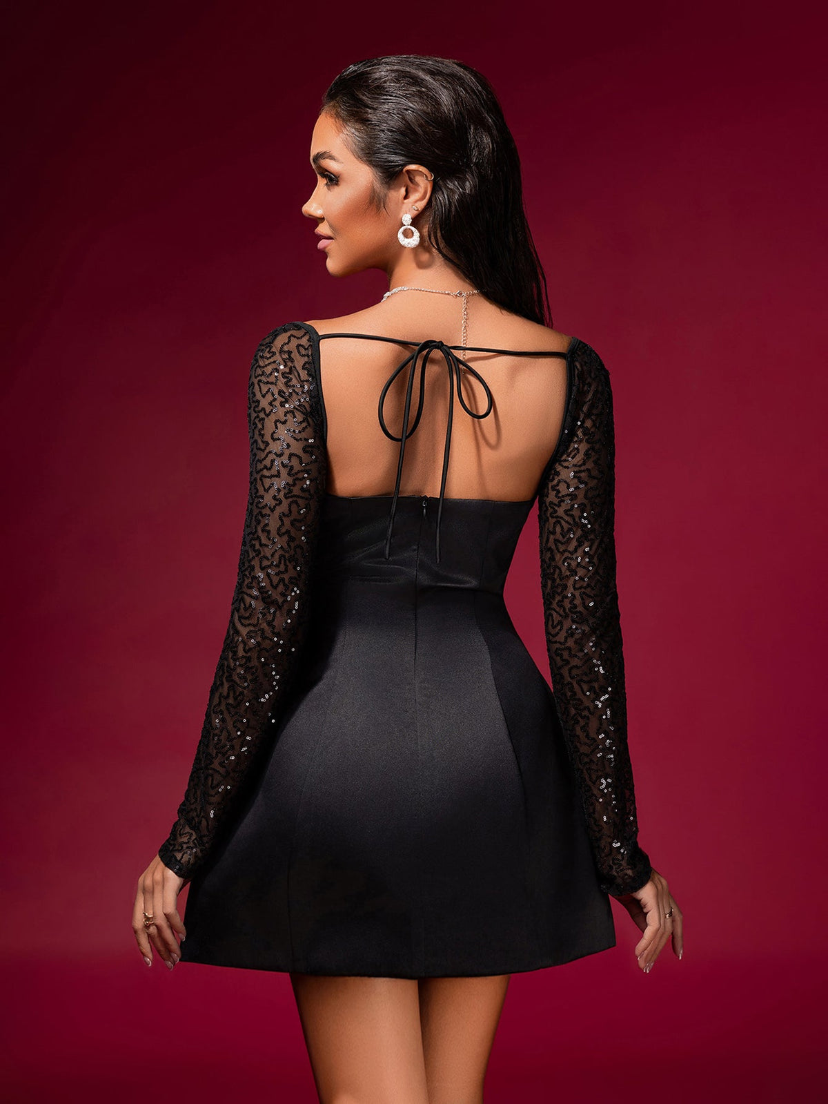 Sequin Embellished Satin Mini Dress, back view