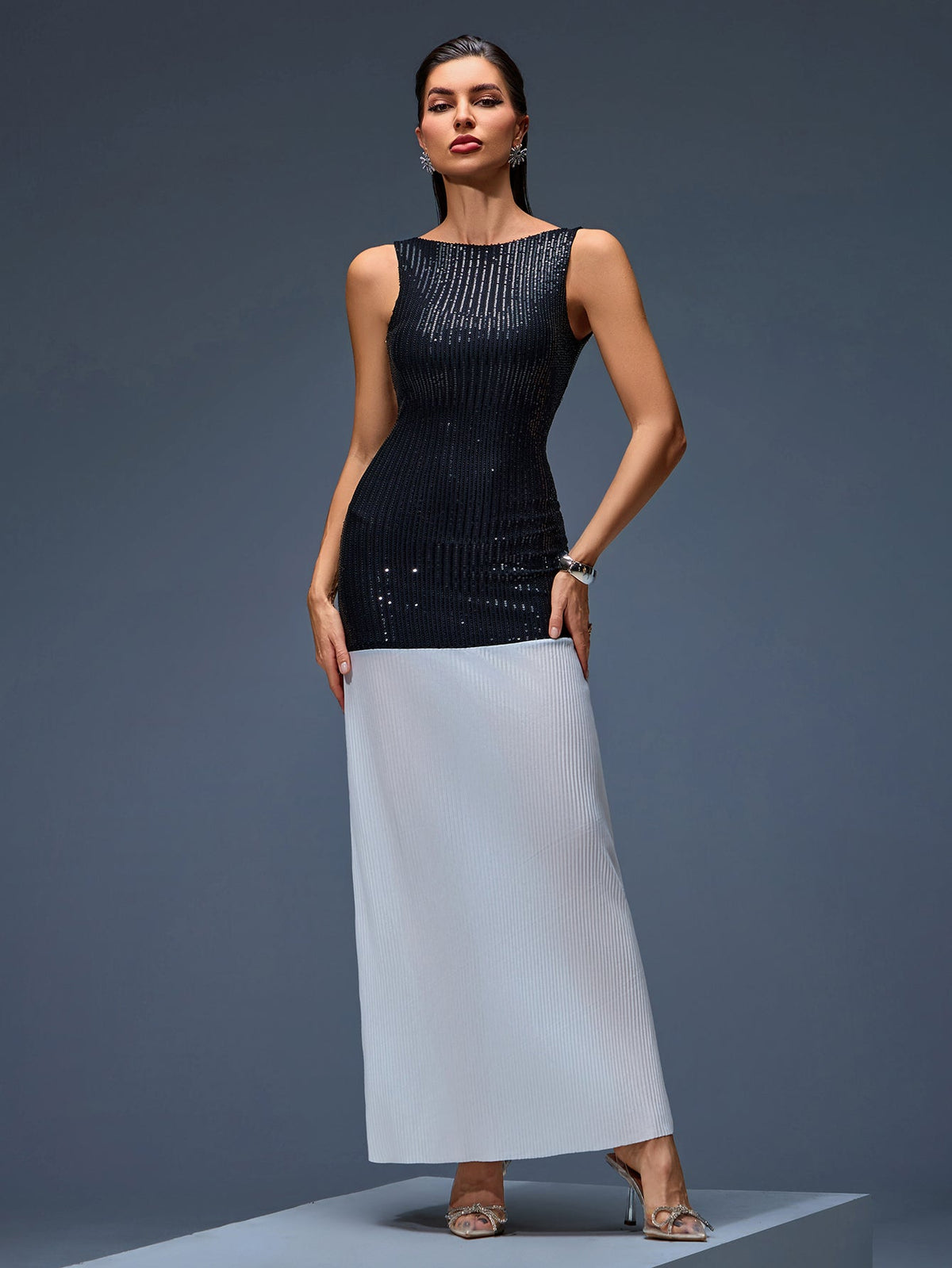 Sequin Patchwork Backless Maxi Dress, back detail view