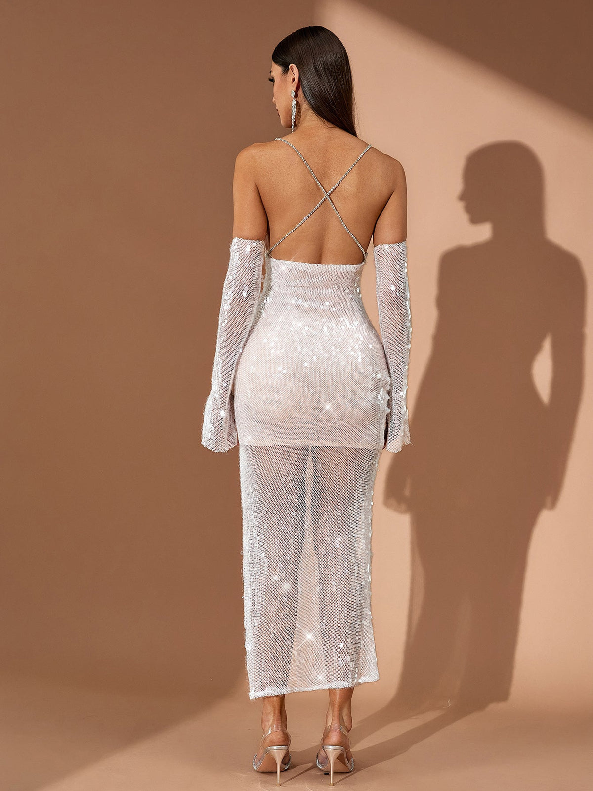 Sheer Mesh Open-Back Midi Dress, back view