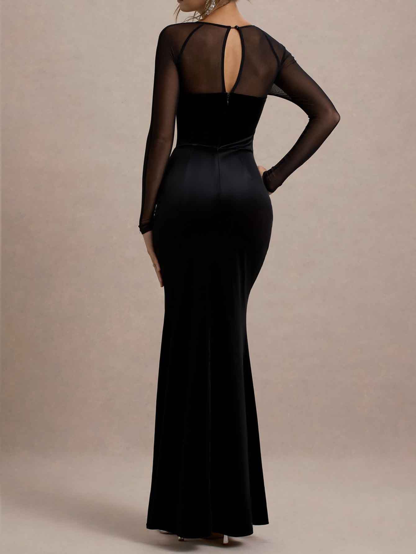 Black sheer mesh sleeve side-slit bandage maxi dress, rear view