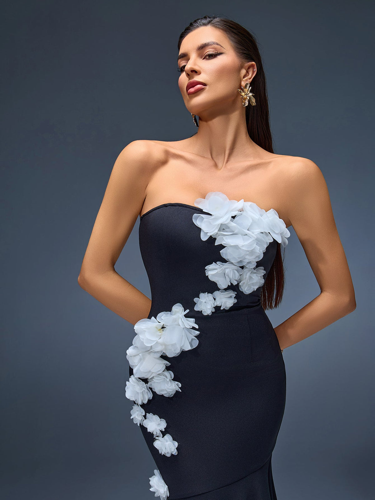 Strapless 3D Floral Mermaid Maxi Dress, back view