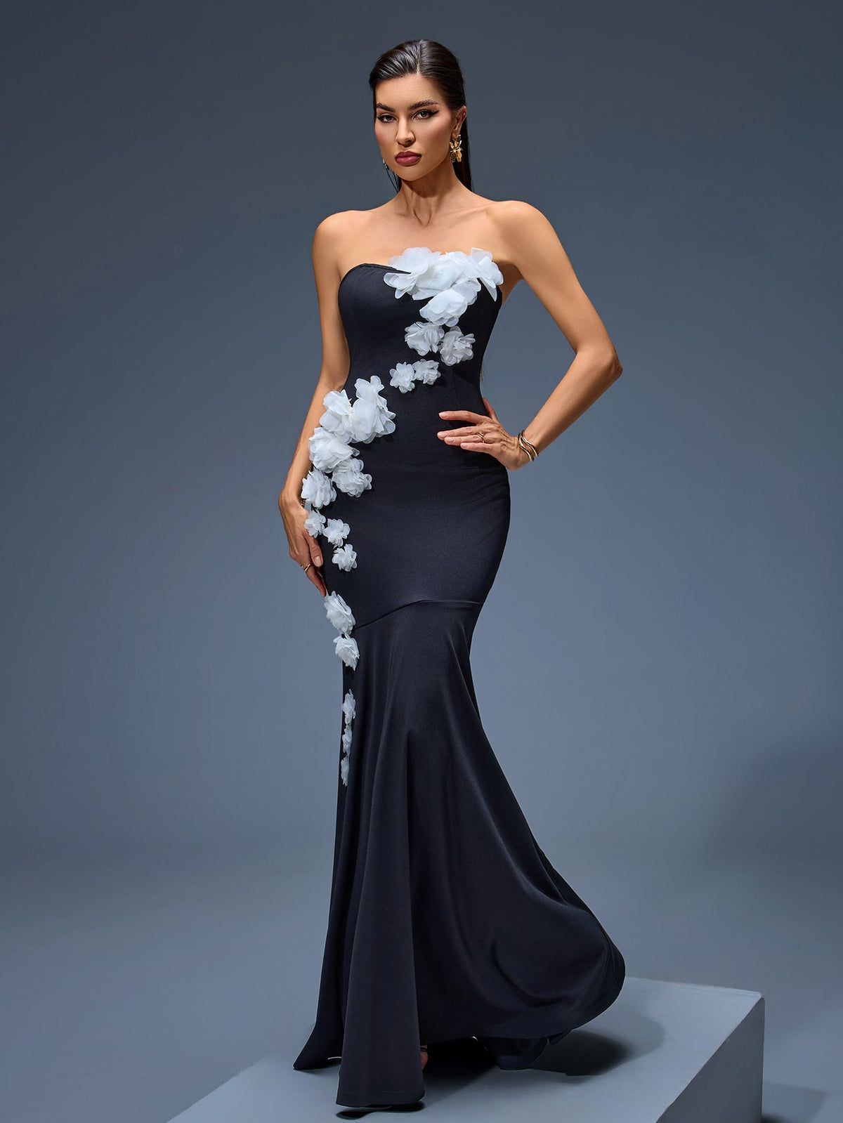 Strapless 3D Floral Mermaid Maxi Dress, detail view