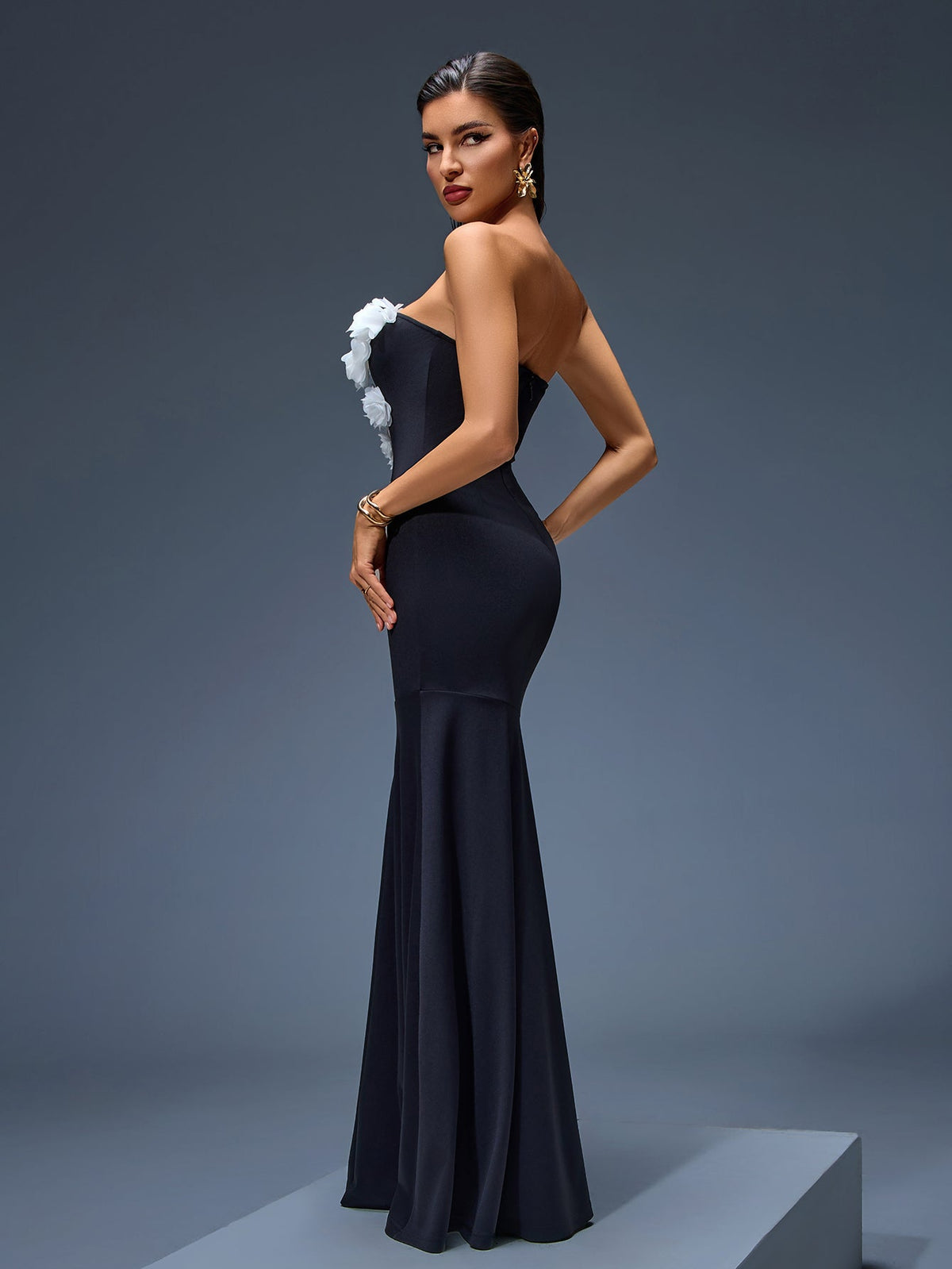 Strapless 3D Floral Mermaid Maxi Dress, side view