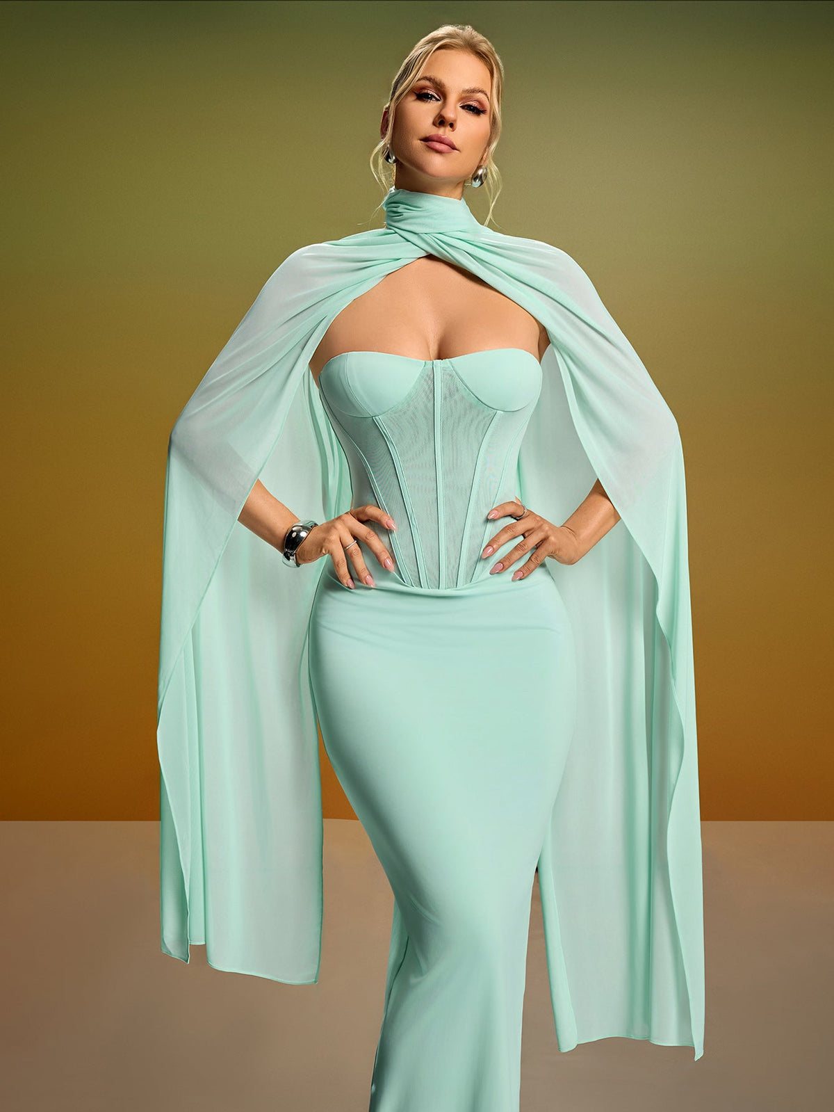 Strapless Bustier Maxi Dress with Scarf, back view