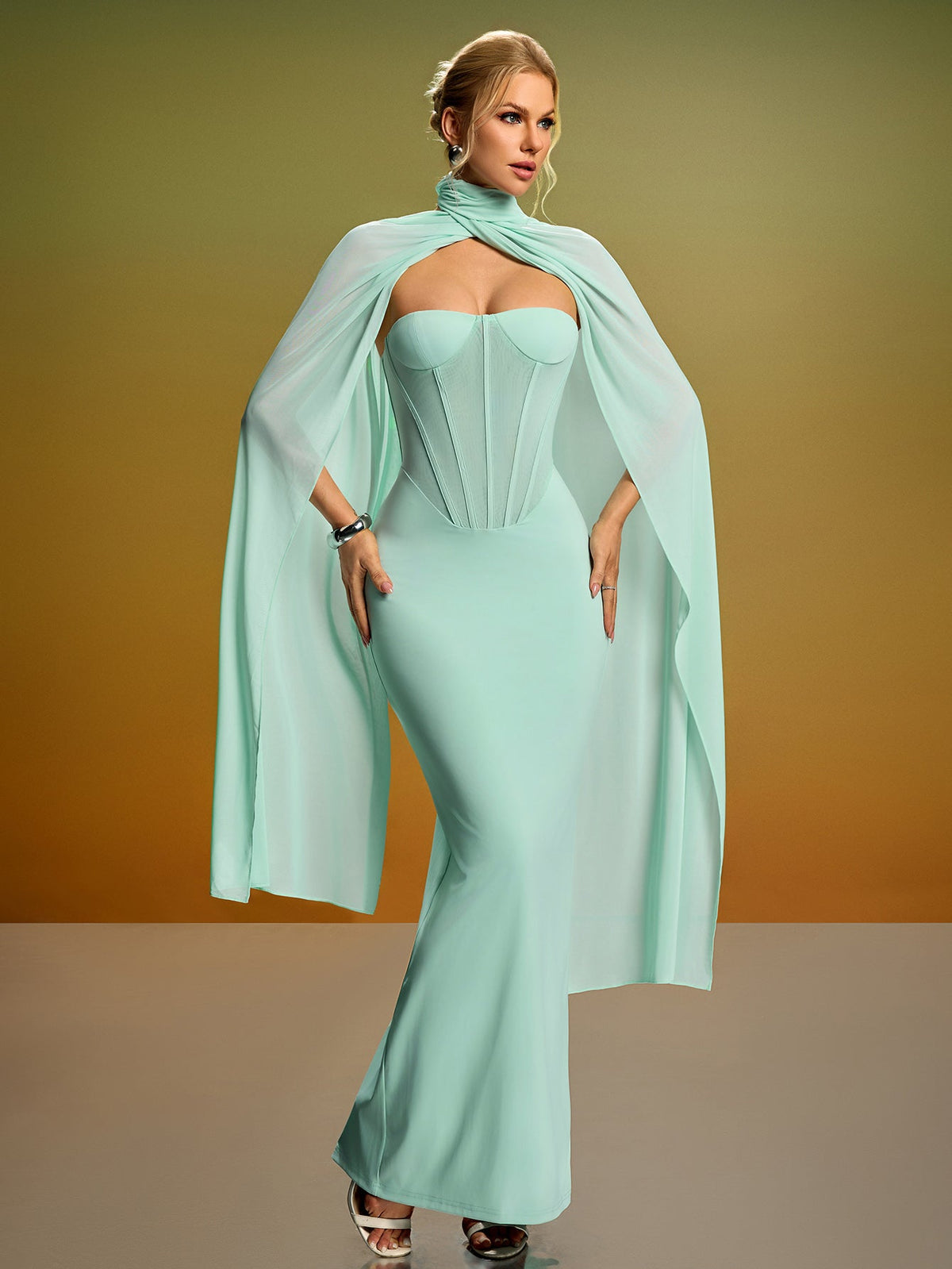 Strapless Bustier Maxi Dress with Scarf, front full-length view