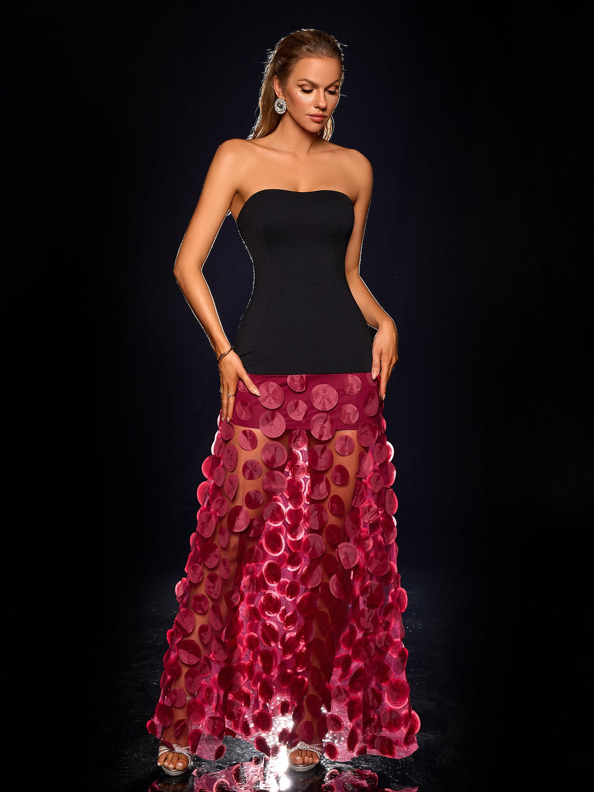Black and red strapless mesh maxi dress, back view