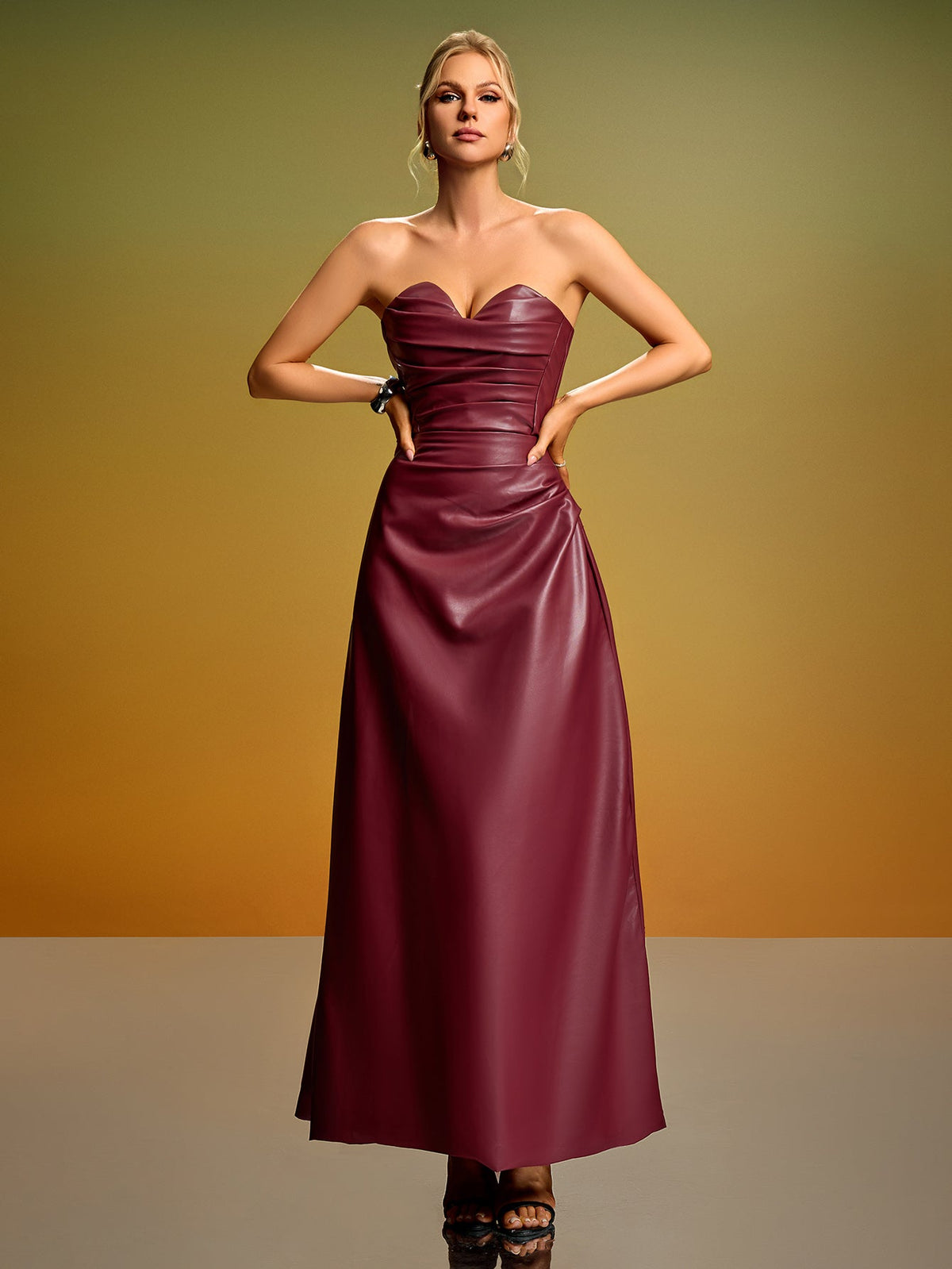 Strapless Faux Leather Corset Maxi Dress, front full-length view