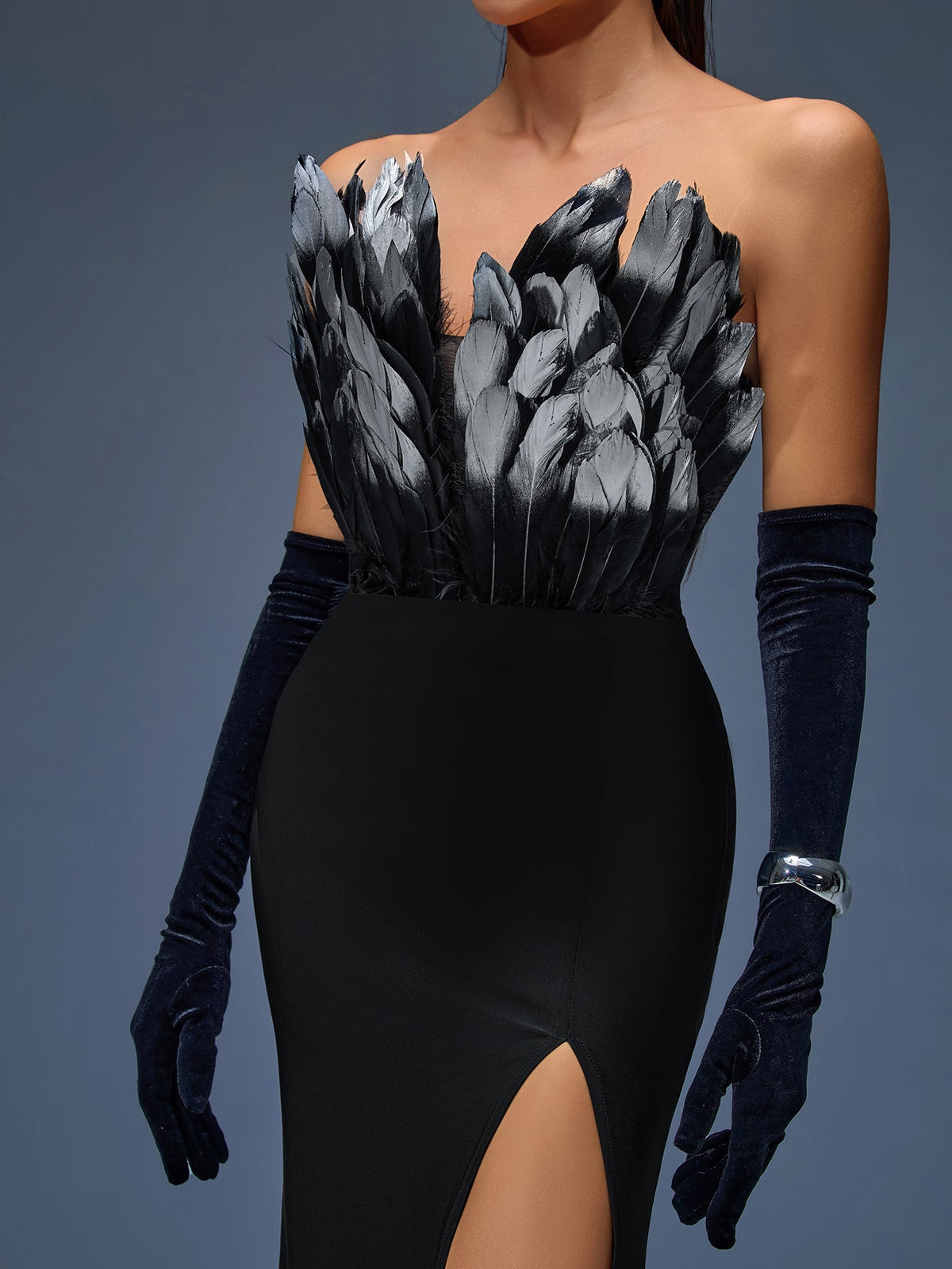 Strapless Feather High-Slit Maxi Dress, back view