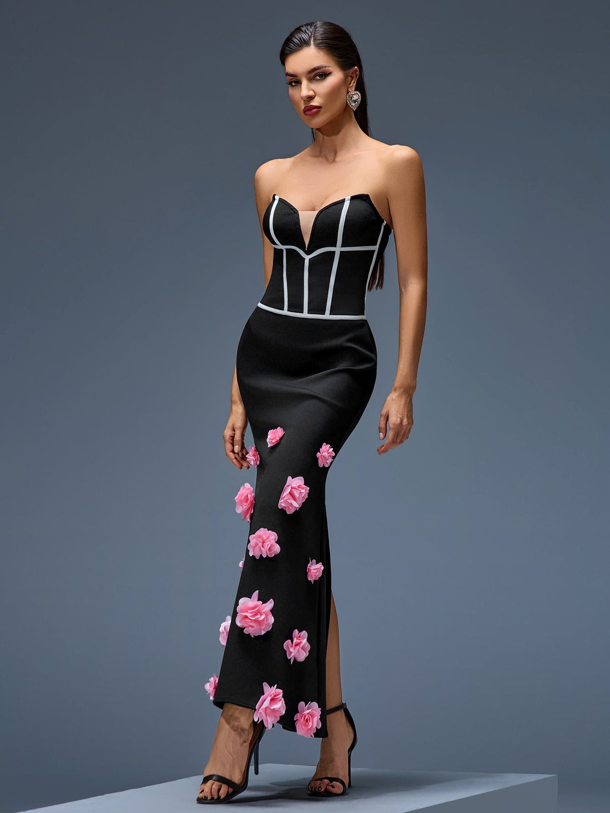 Strapless Floral Bandage Mermaid Dress, front full-length view