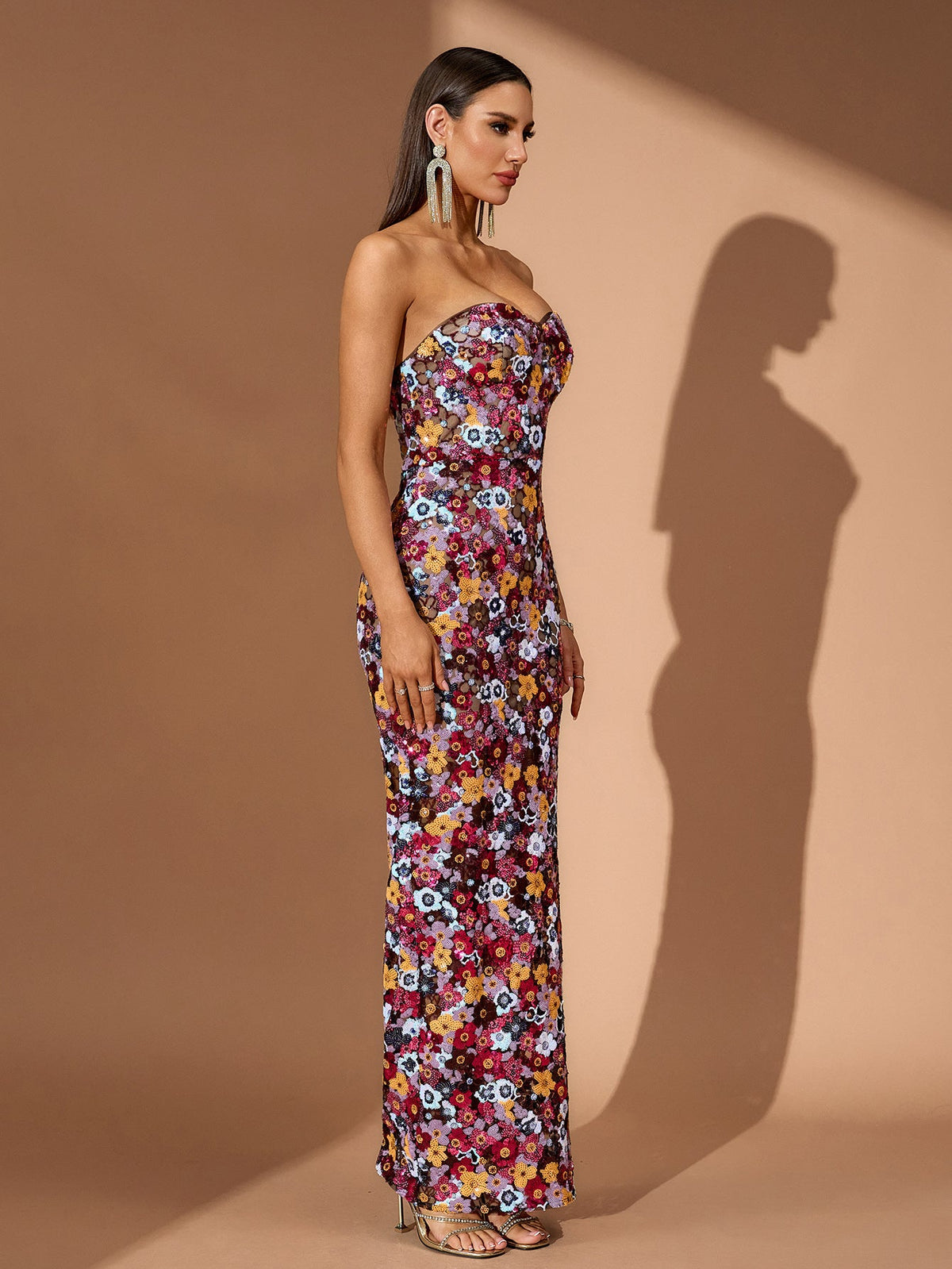 Strapless Floral Sequin Bustier Maxi Dress, three-quarter view