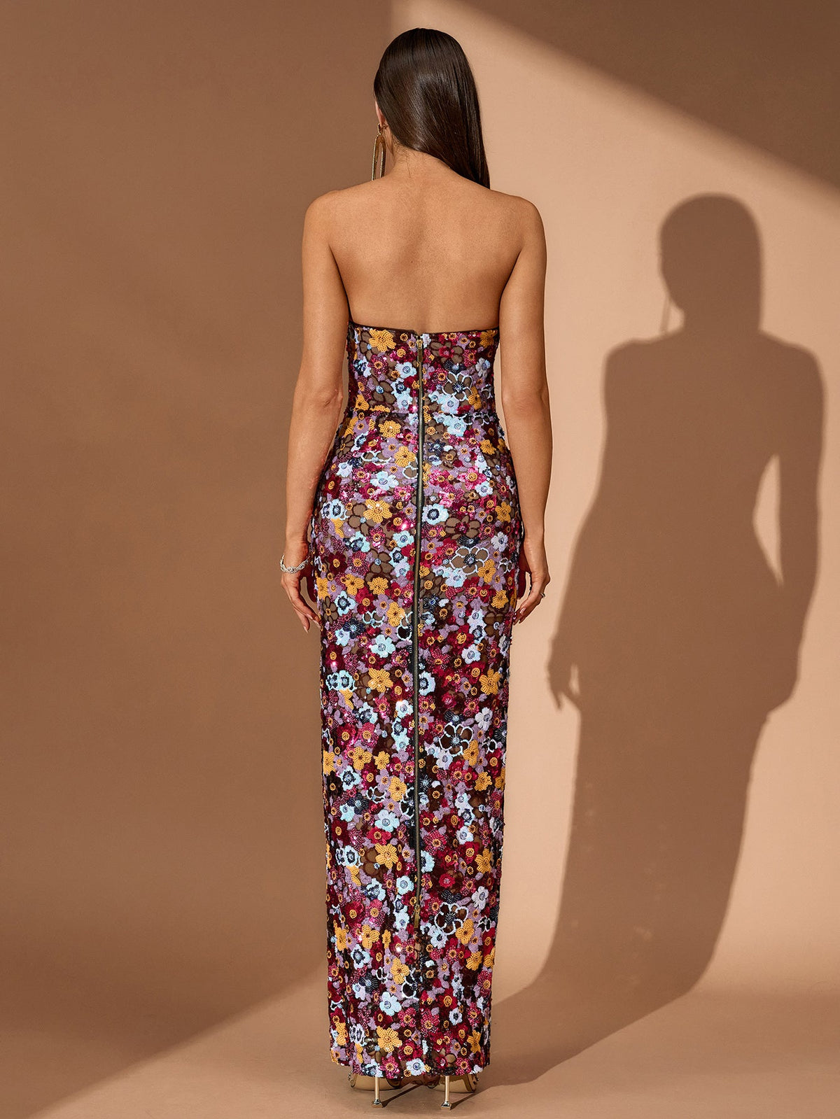 Strapless Floral Sequin Bustier Maxi Dress, back view