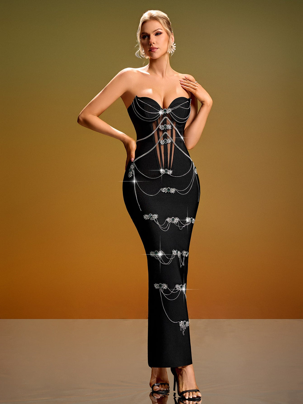 Strapless Rhinestone Corset Maxi Dress, front view