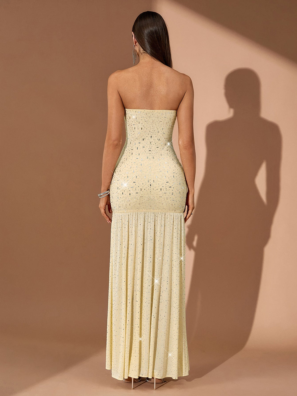 Strapless Rhinestone Fringe Maxi Dress, back view
