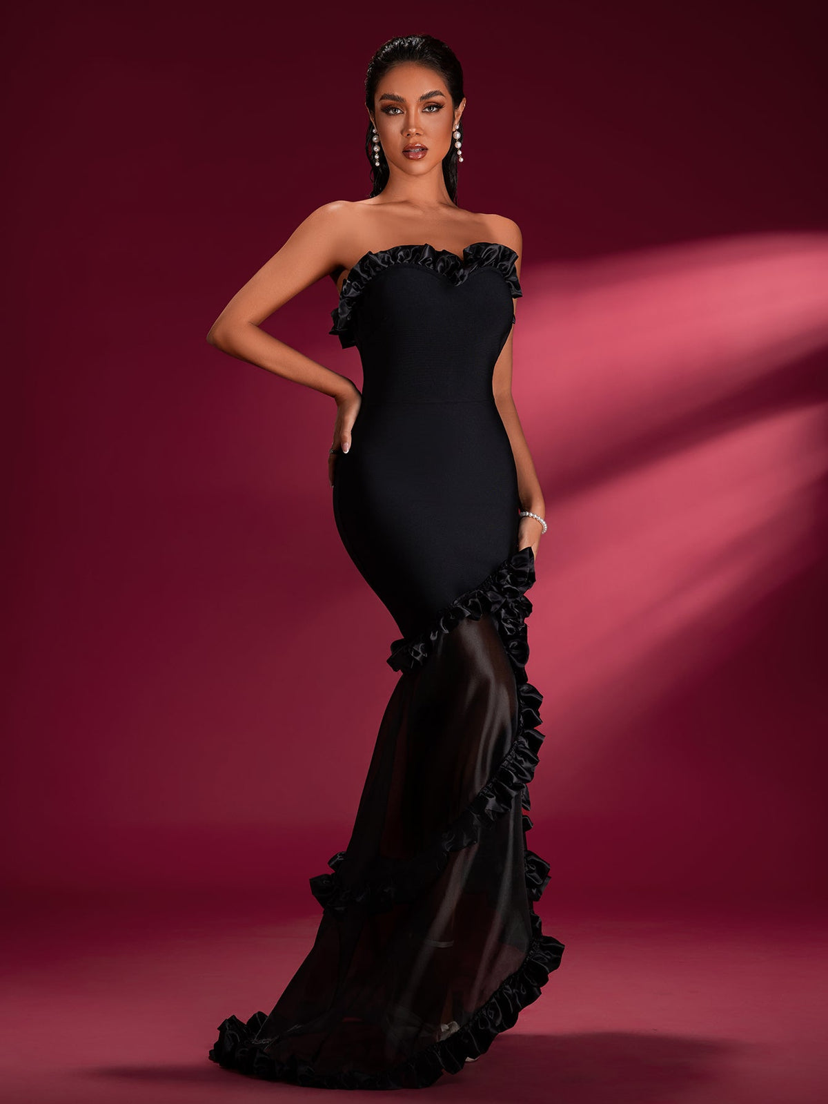 Strapless Ruffle Mermaid Bandage Maxi Dress, front full-length view