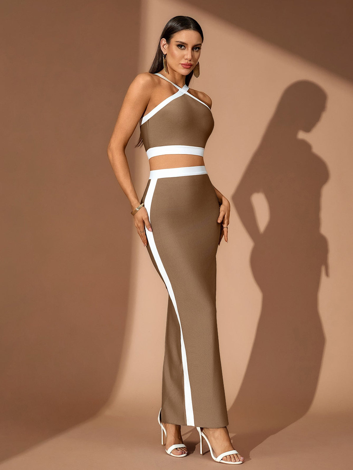 Striped Halter-Neck Crop Top and Maxi Skirt Set, three-quarter view