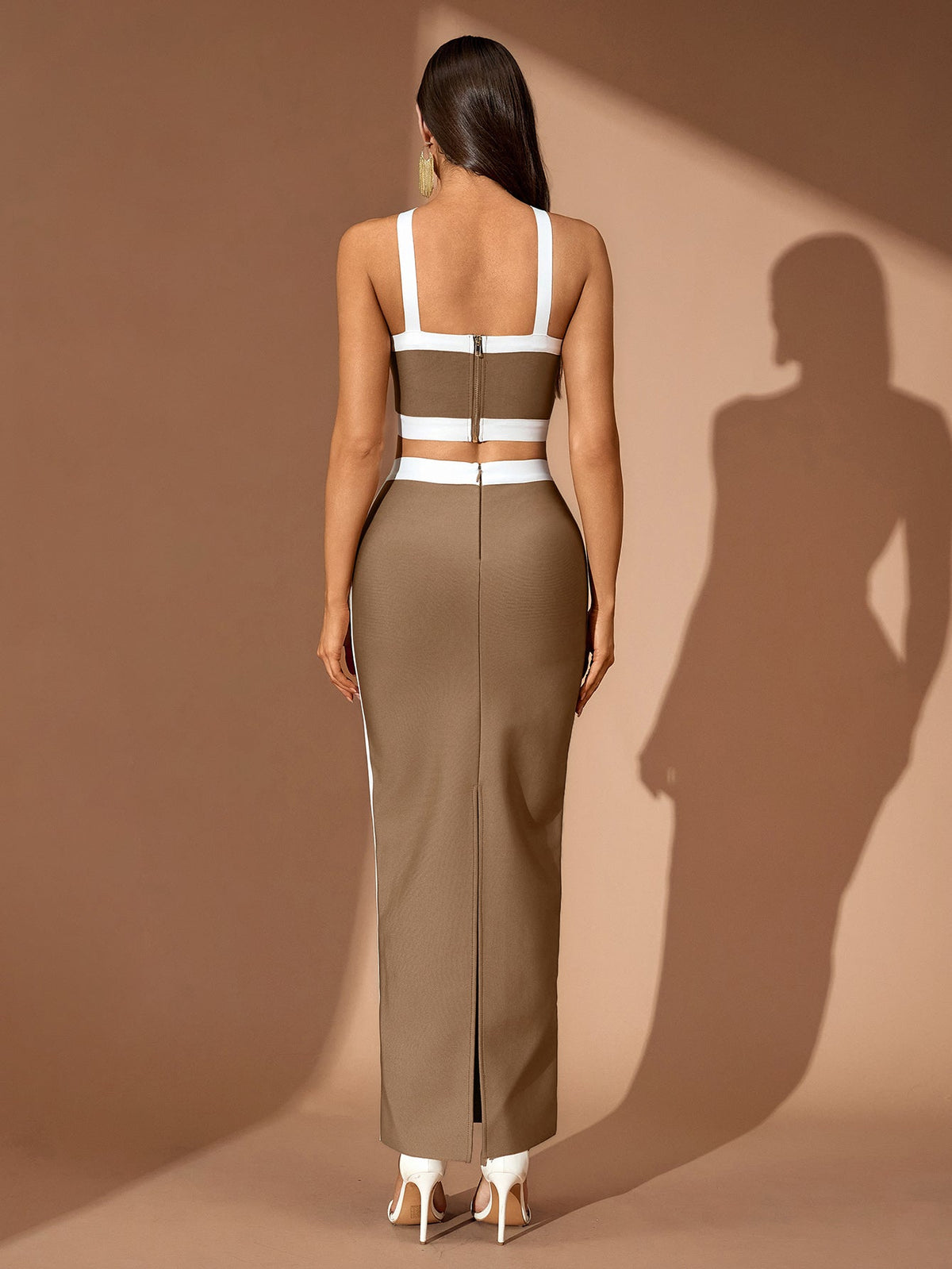 Striped Halter-Neck Crop Top and Maxi Skirt Set, back view