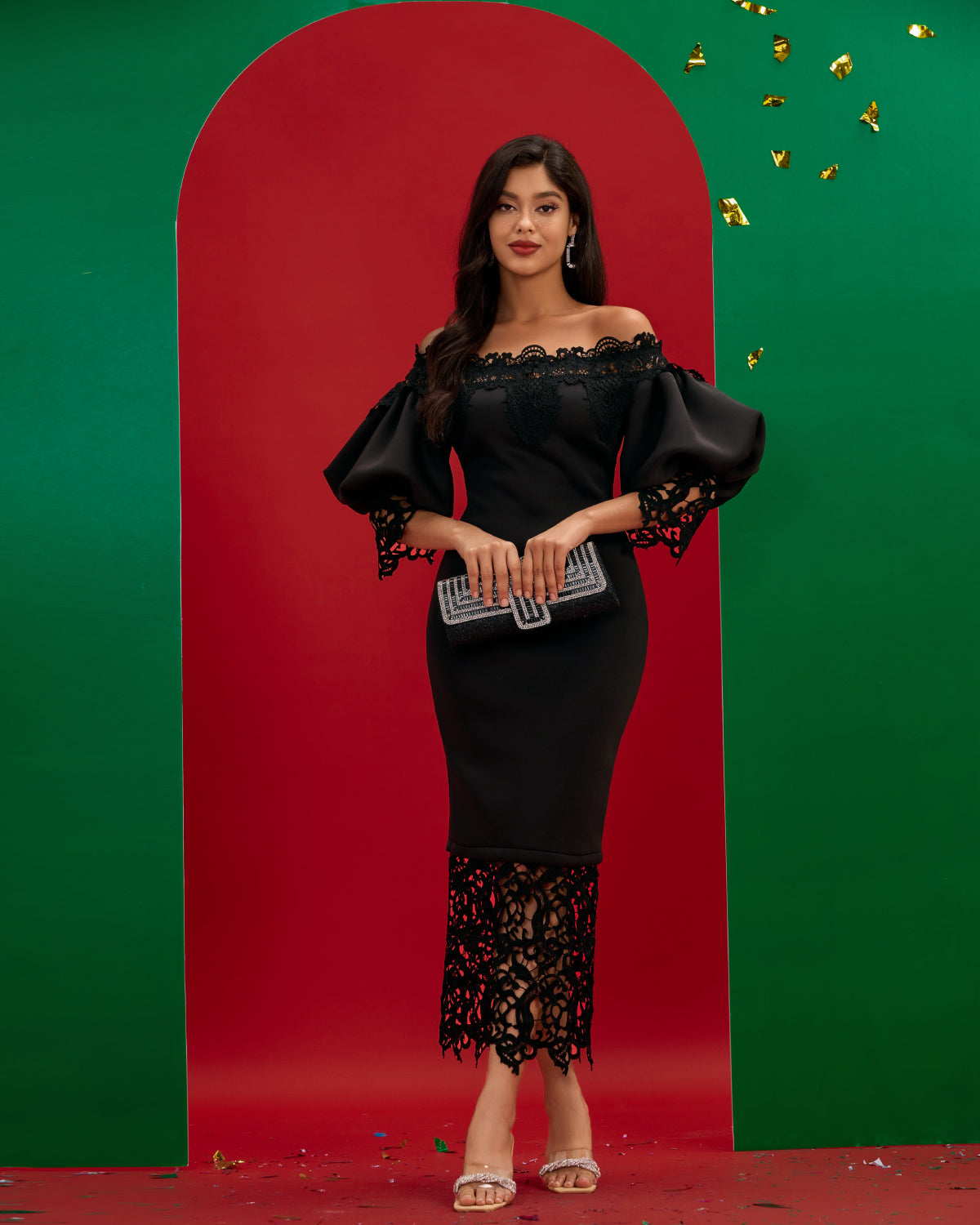 Puff Sleeve Hollow Out Lace Dress
