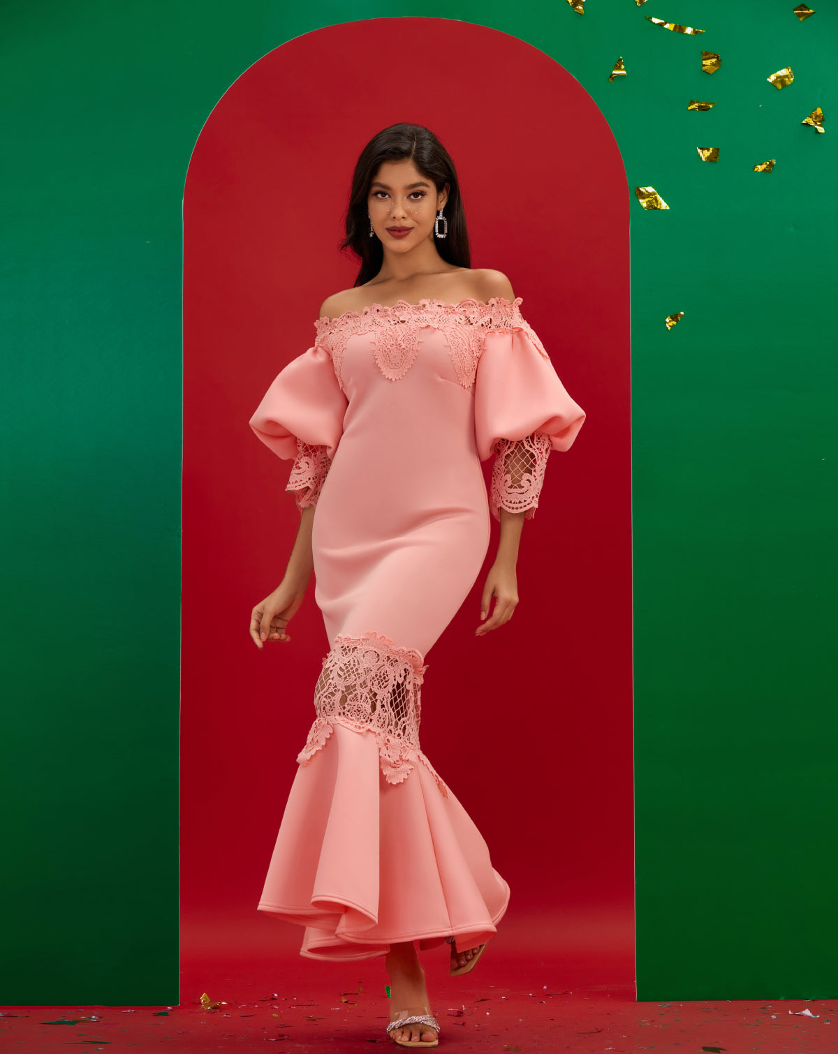 Off Shoulder Puff Sleeve Lace Fishtail Dress