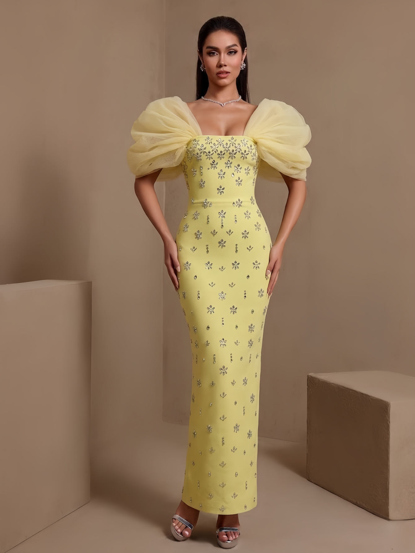 Light Yellow tulle puff-sleeve crystal bandage maxi dress, front view