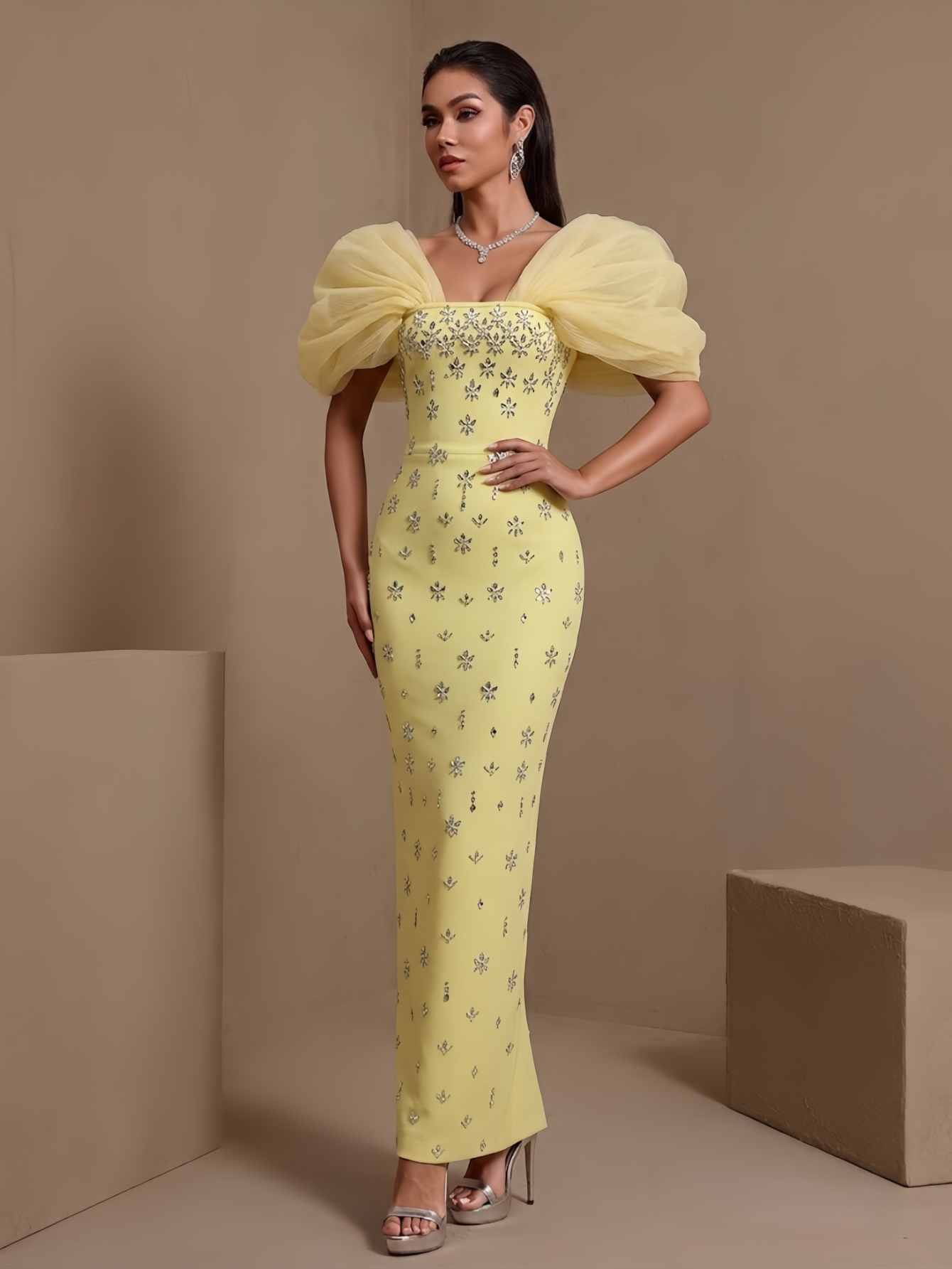 Light Yellow tulle puff-sleeve crystal bandage maxi dress, angled front view