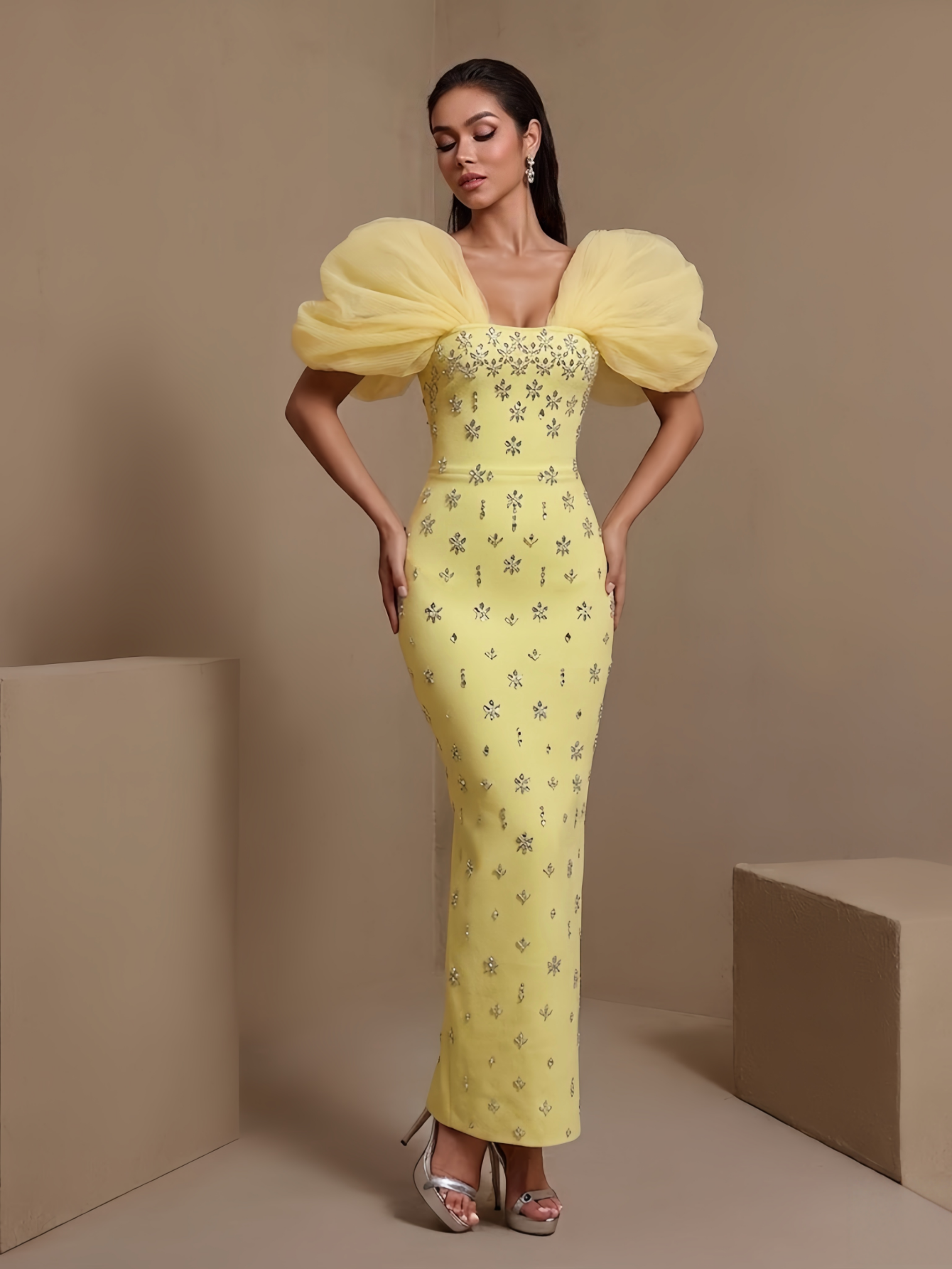 Light Yellow tulle puff-sleeve crystal bandage maxi dress, full-length view