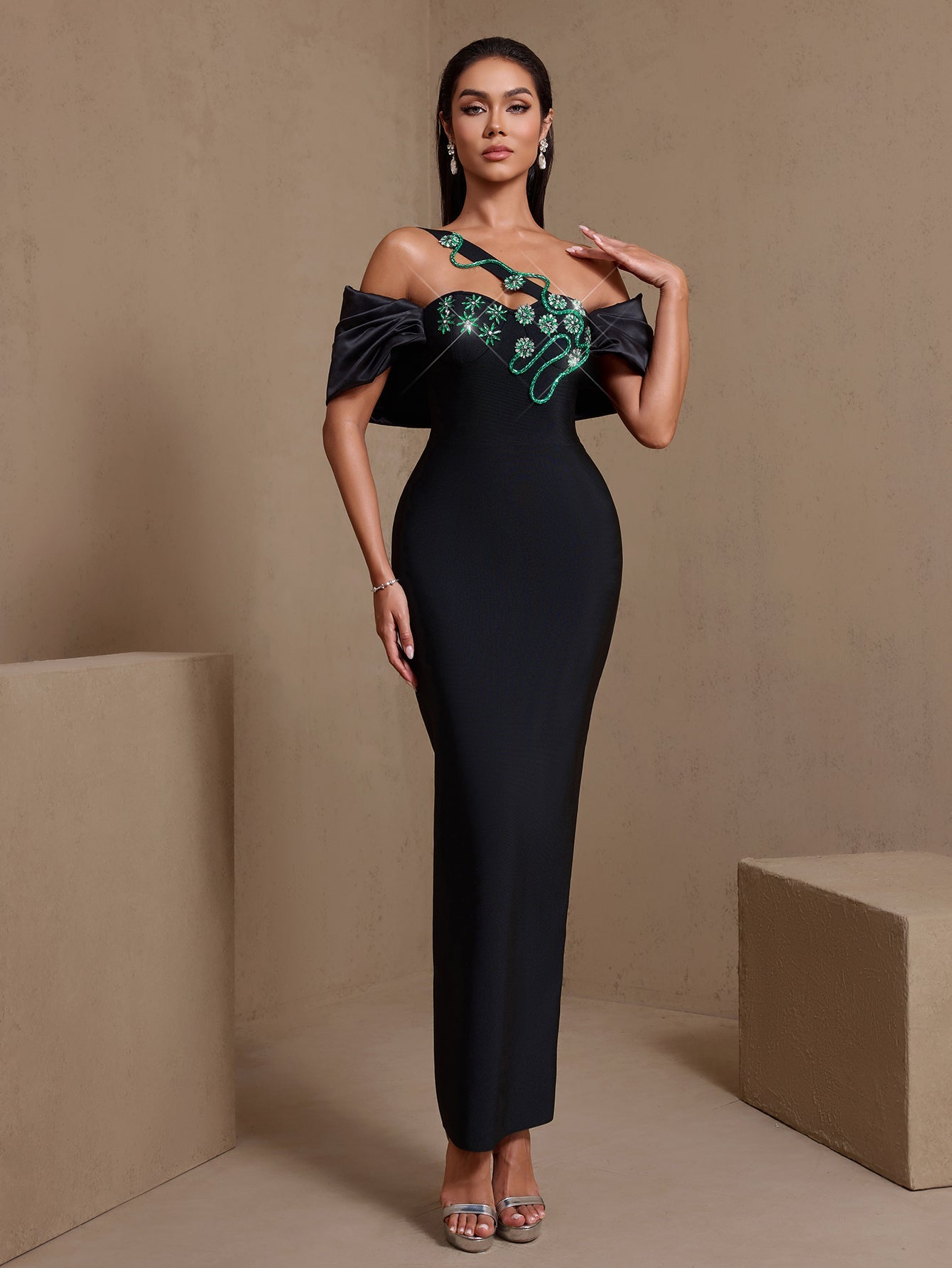 Black vine crystal asymmetric bandage maxi dress, front view