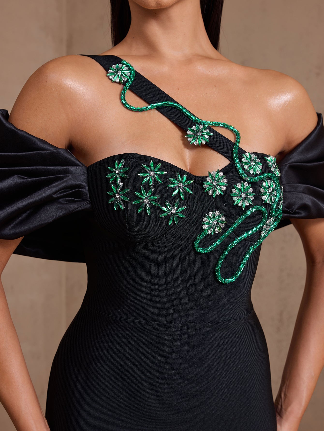 Black vine crystal asymmetric bandage maxi dress, full-length front view