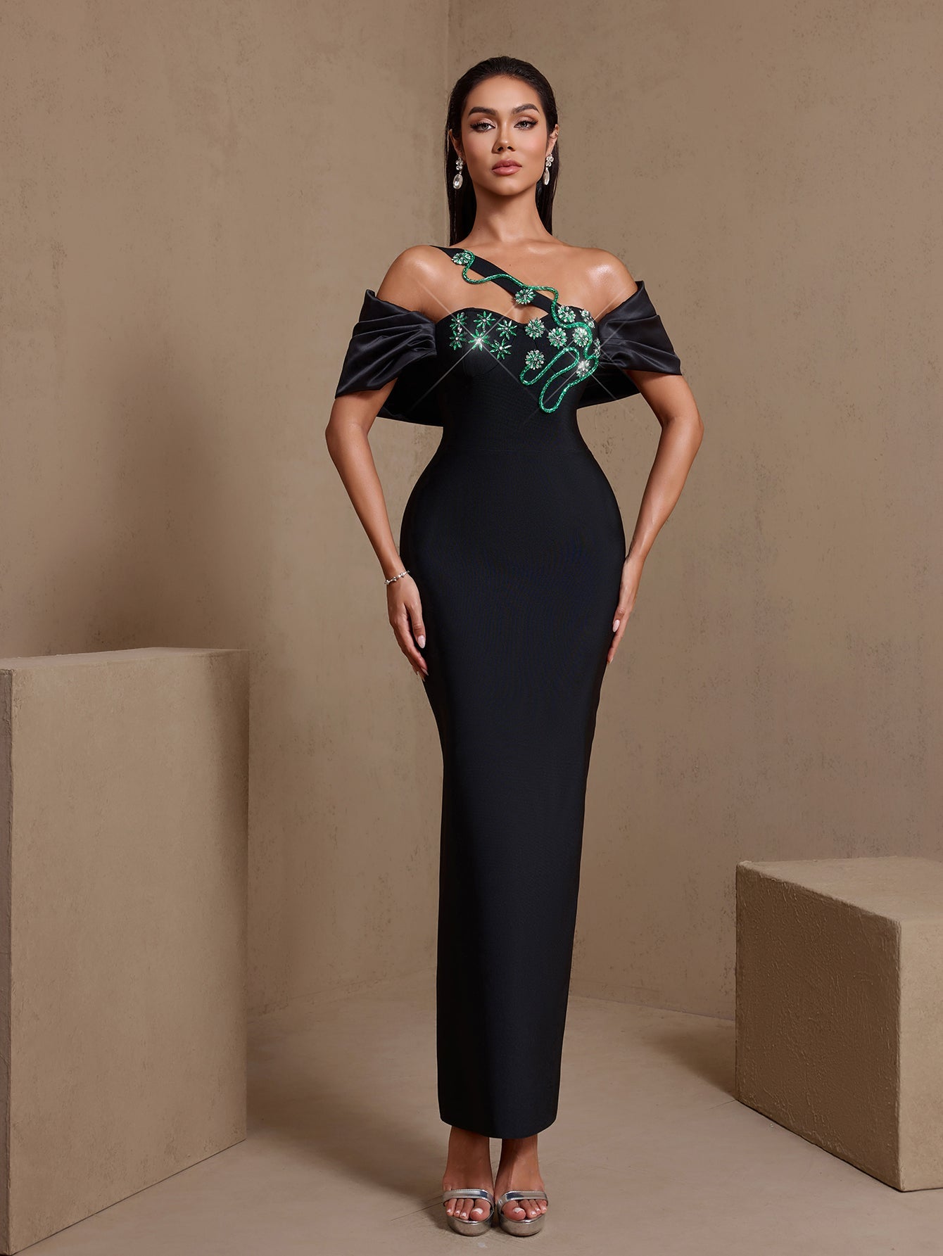 Black vine crystal asymmetric bandage maxi dress, asymmetric neckline detail