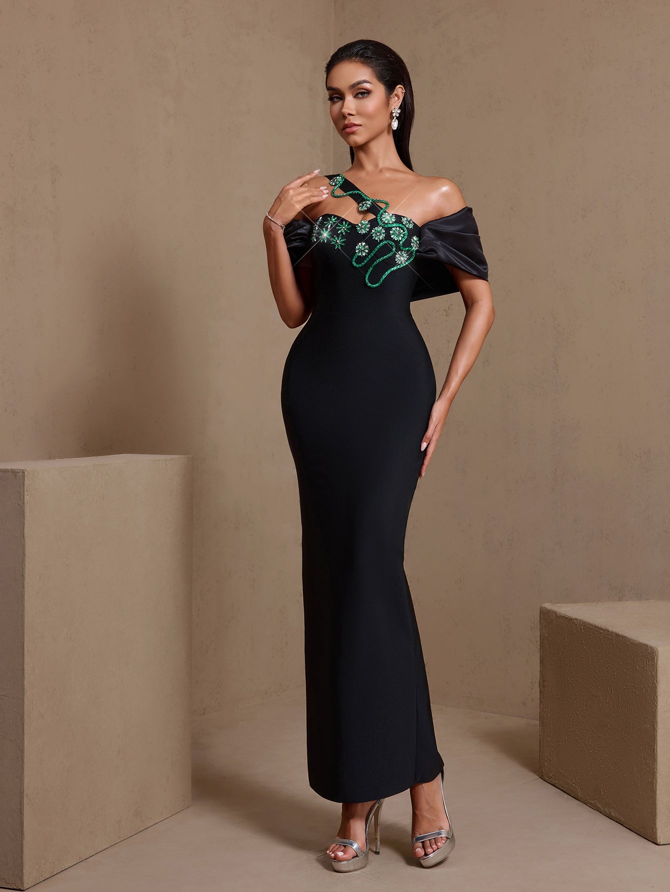 Black vine crystal asymmetric bandage maxi dress, vine crystal bodice detail