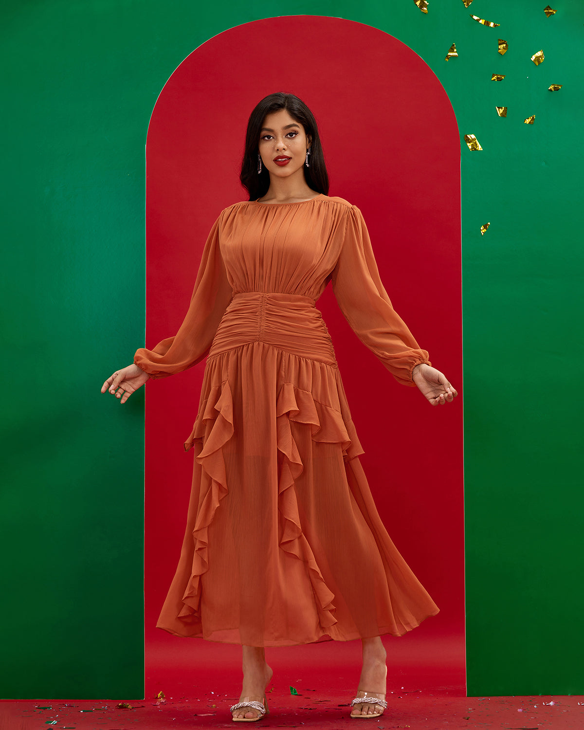 Round Neck Elegant Ruffle Long Dress