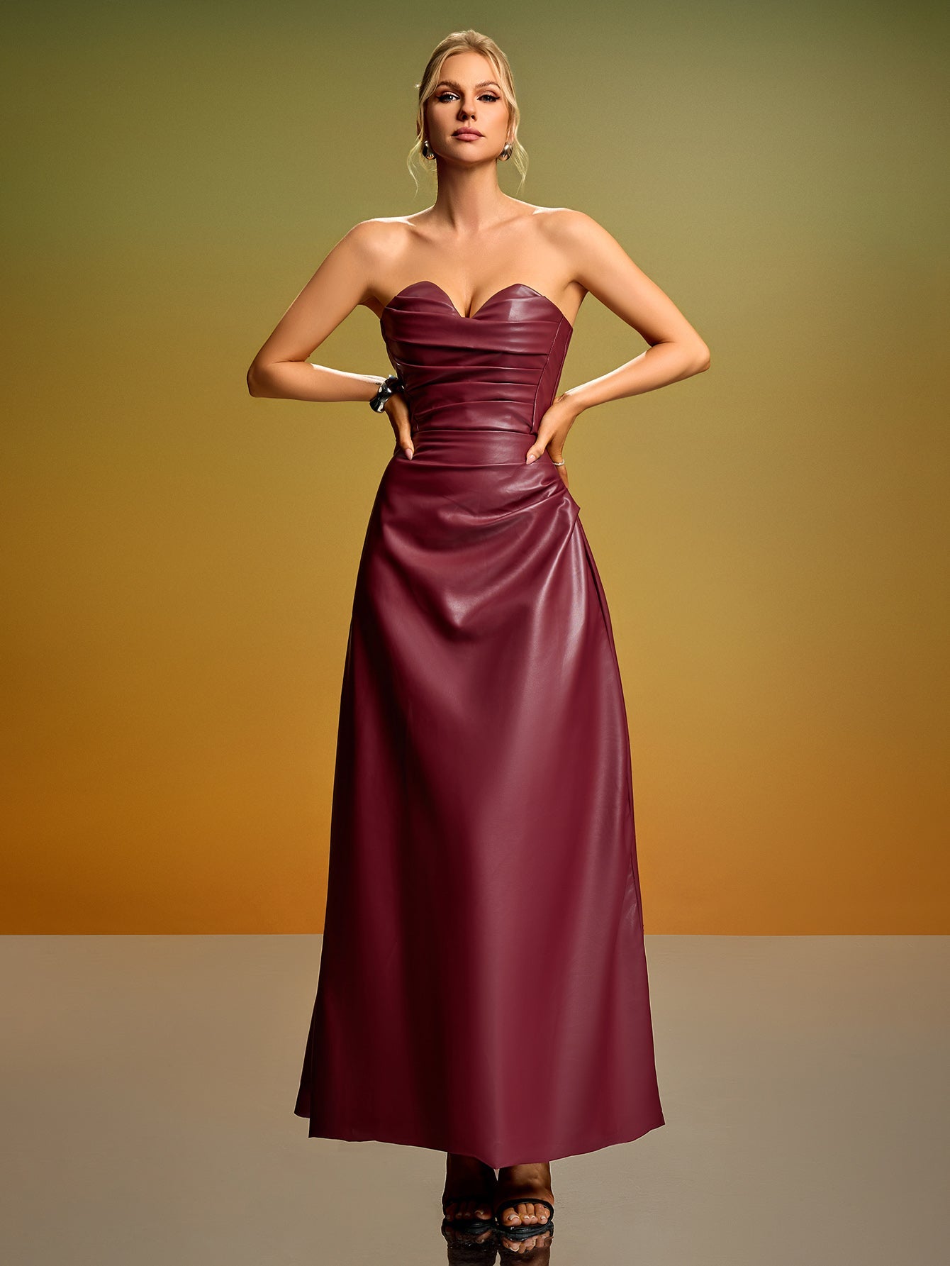 Strapless Corset PU Leather Maxi Dress